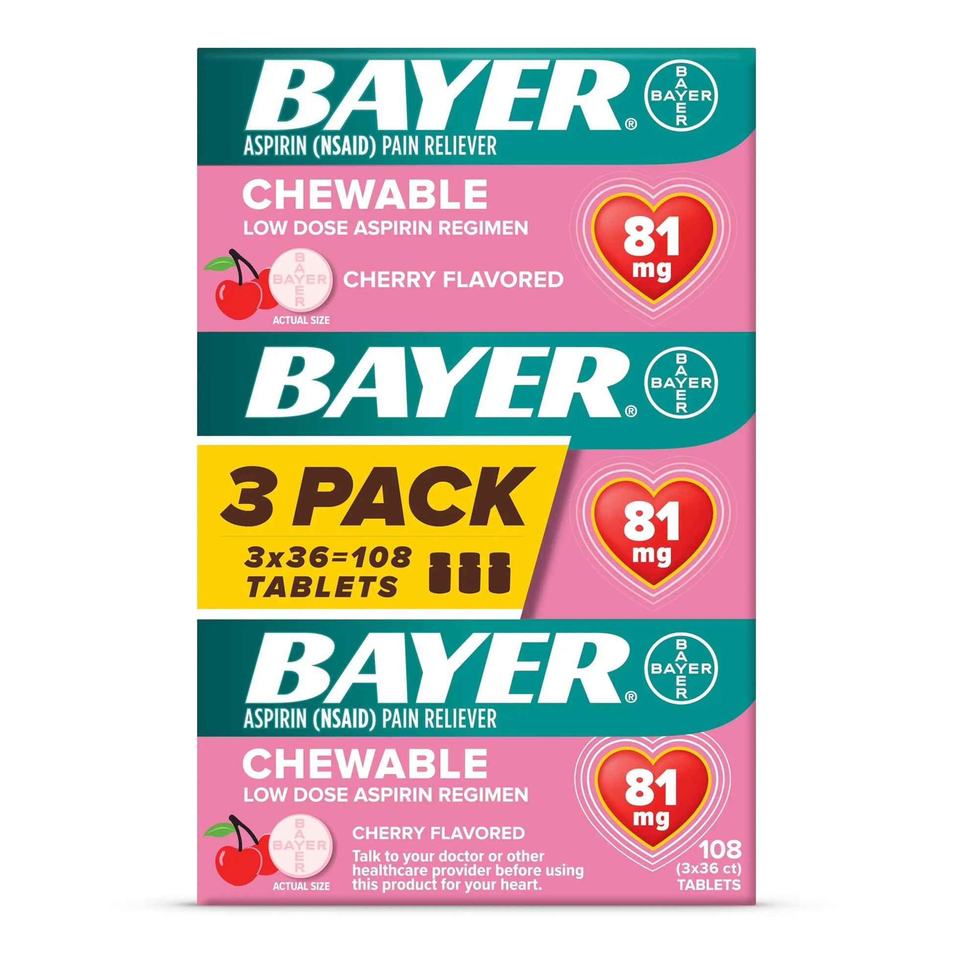 Bayer Aspirin Low Dose 81 mg Chewable Tablets, Pain Reliever, Cherry Flavored, 108 Tablets (36 Pack of 3) BayerAu supplements