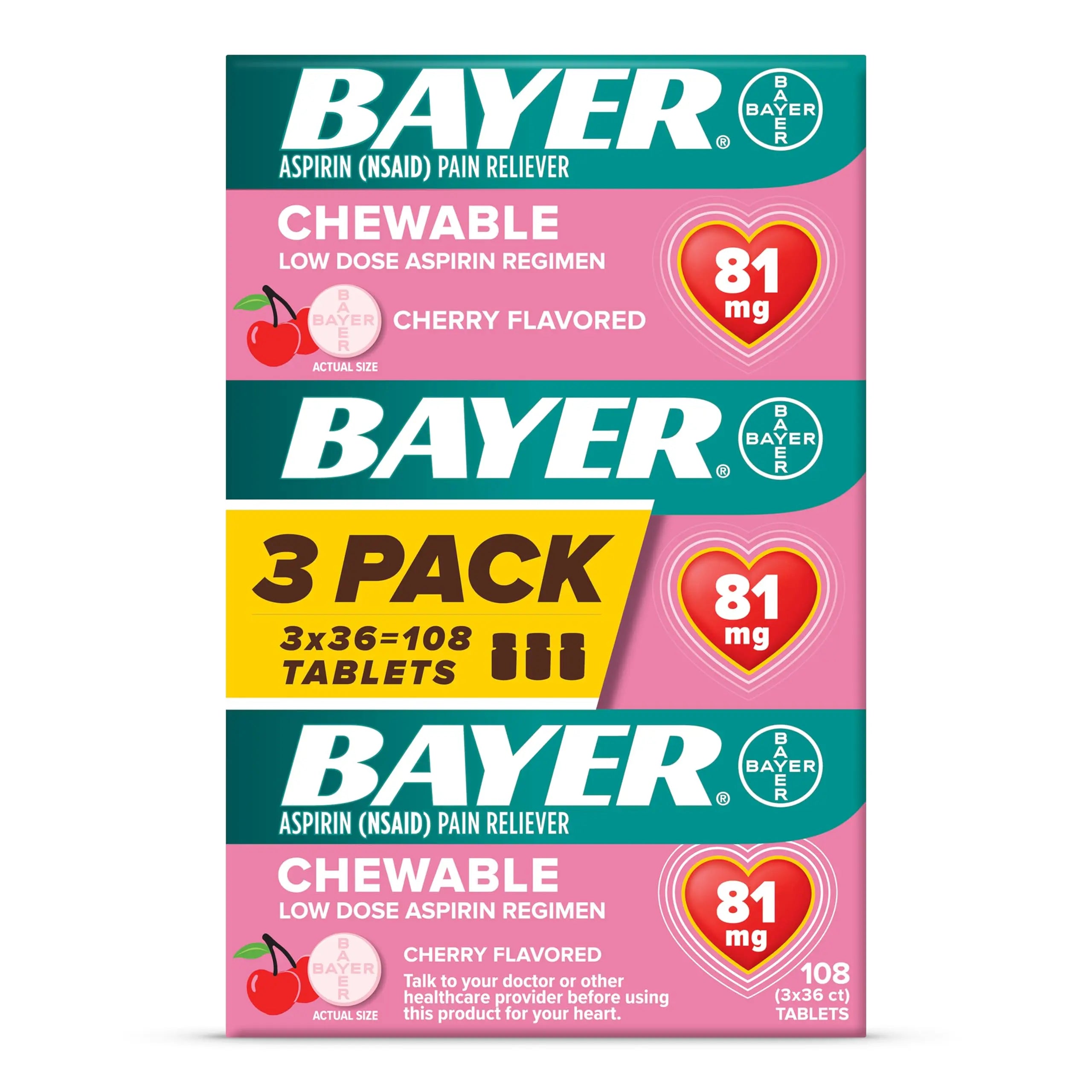 Bayer Aspirin Low Dose 81 mg Chewable Tablets, Pain Reliever, Cherry Flavored, 108 Tablets (36 Pack of 3) BayerAu supplements