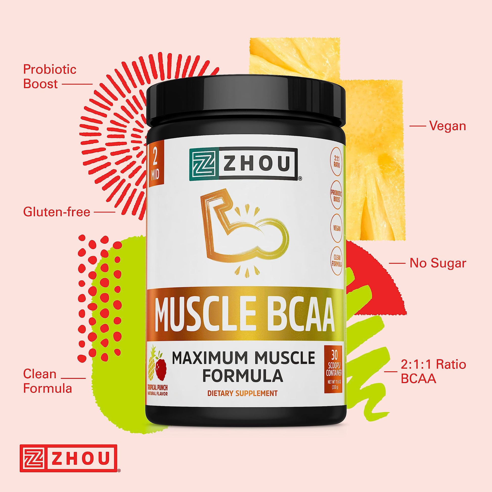 Zhou Nutrition Muscle BCAA Powder, Vegan Muscle Recovery, Natural, Clean Formula Zhou NutritionUS supplements