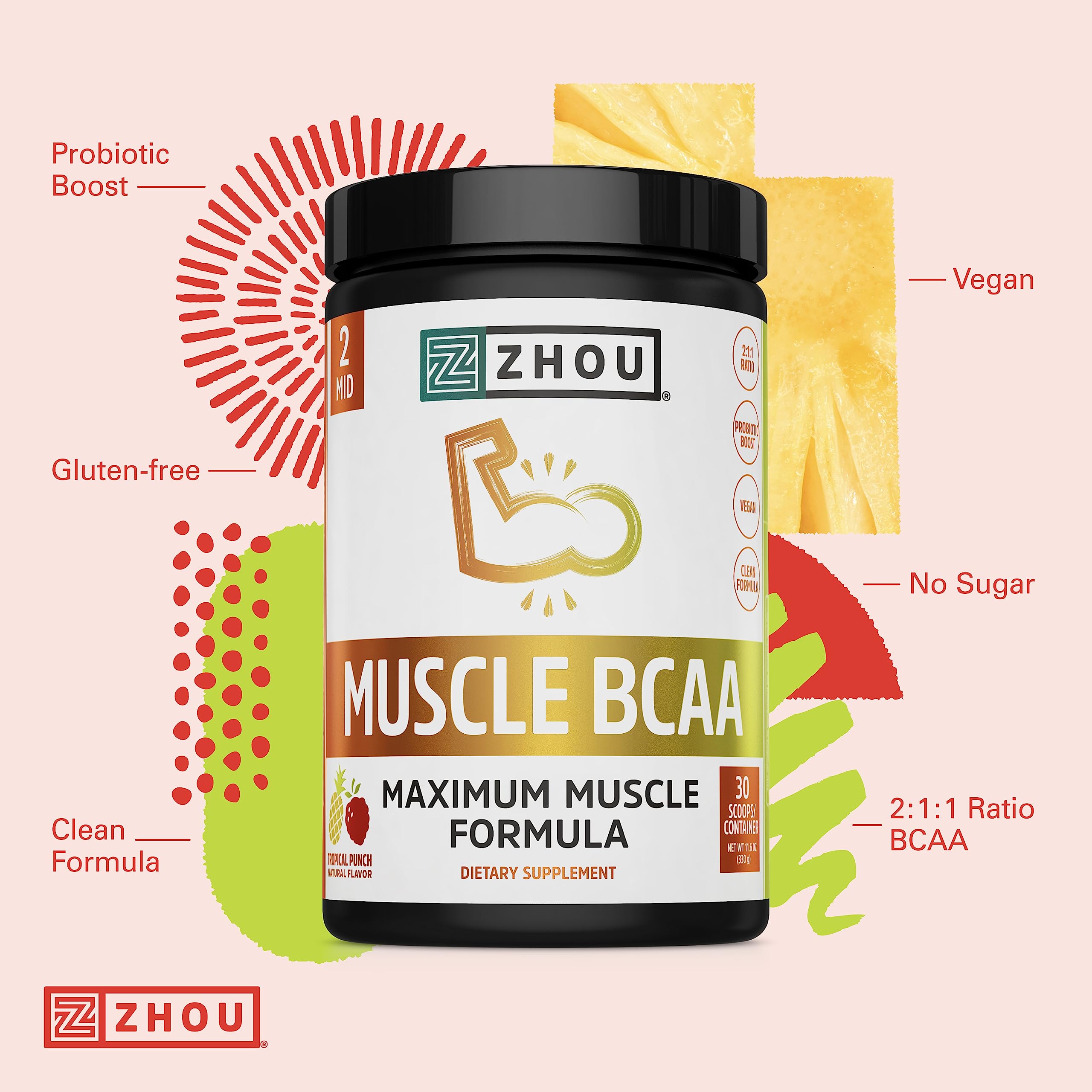 Zhou Nutrition Muscle BCAA Powder, Vegan Muscle Recovery, Natural, Clean Formula Zhou NutritionUS supplements