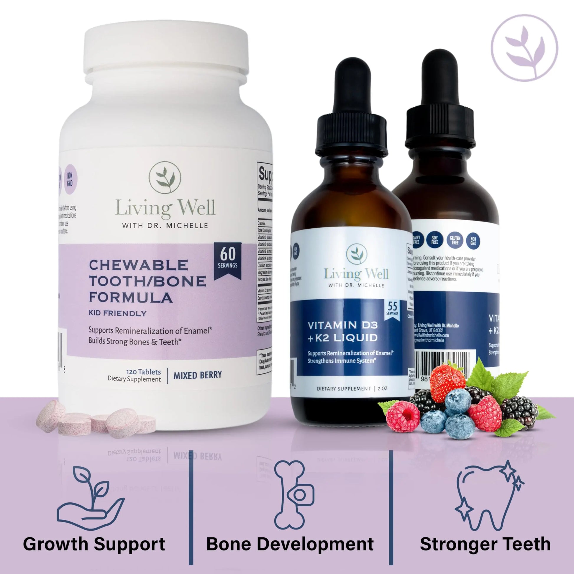 Kids Tooth & Bone Support Bundle | Chewable Calcium + D3 K2 & Liquid Vitamin D Supplement | Dentist-Developed | Strong Teeth, Enamel & Bone Health for Kids | Fluoride-Free, Non-GMO, Gluten-Free Living Well with Dr. Michellenz supplements