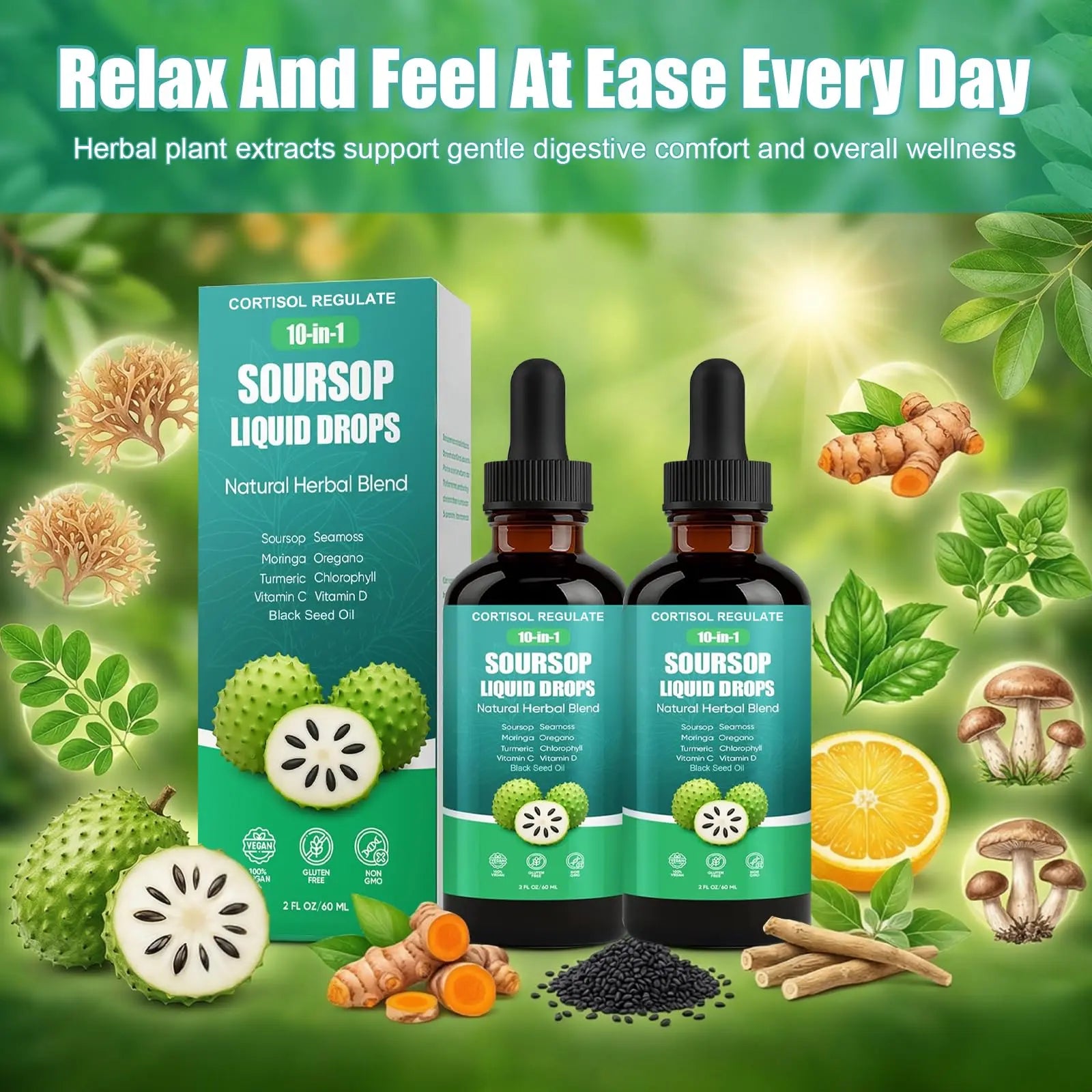 CORTISOL REGULATE Soursop Liquid Drops, 10-in-1 Blend with Sea Moss, Moringa, Turmeric, Black Seed Oil, Oregano, and More, 2 fl oz (1 Pack) CORTISOL REGULATEAu supplements