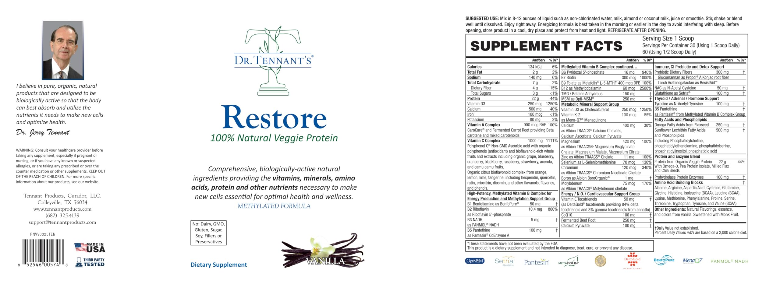 Restore Vanilla Veggie Protein | Premium Plant-Based Protein - 100% Natural and Omega 3 Fusion, Including Pea Protein Isolate - Low Carb, Keto, Dairy Free - 30 Day Supply Dr. Tennant's Dr. Tennant'sAu supplements