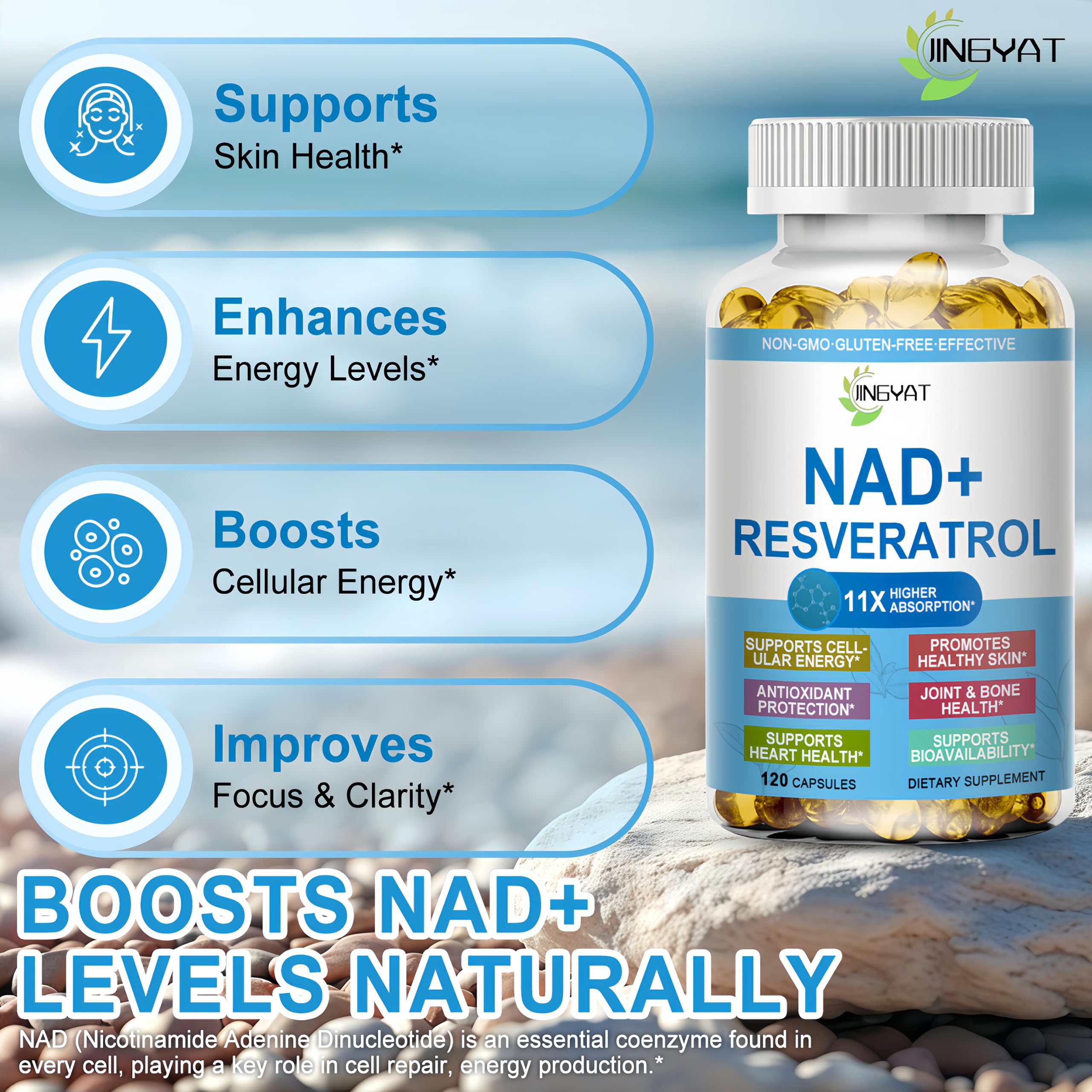 JINGYAT 11-in-1 NAD Supplement with Resveratrol, CoQ10, Quercetin, Collagen, Grape Seed for Cellular Energy, Mental Focus & Antioxidant Support - NAD Supplement for Women & Men, 120 Soft Capsules JINGYATAu supplements