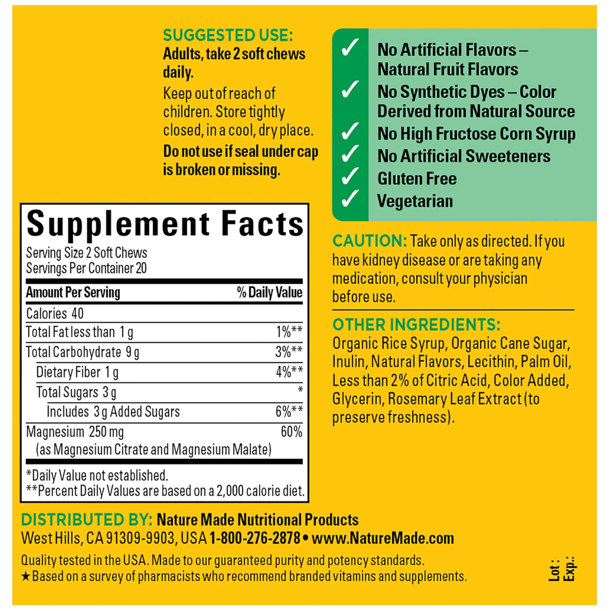 Nature Made High Absorption Magnesium Complex Soft Chews, Magnesium Supplement for Muscle, Heart, Bone Support, Magnesium Citrate & Malate Blend 250 mg per Serving, 40 Vegetarian Chews, 20 Day Supply Nature Madenz supplements