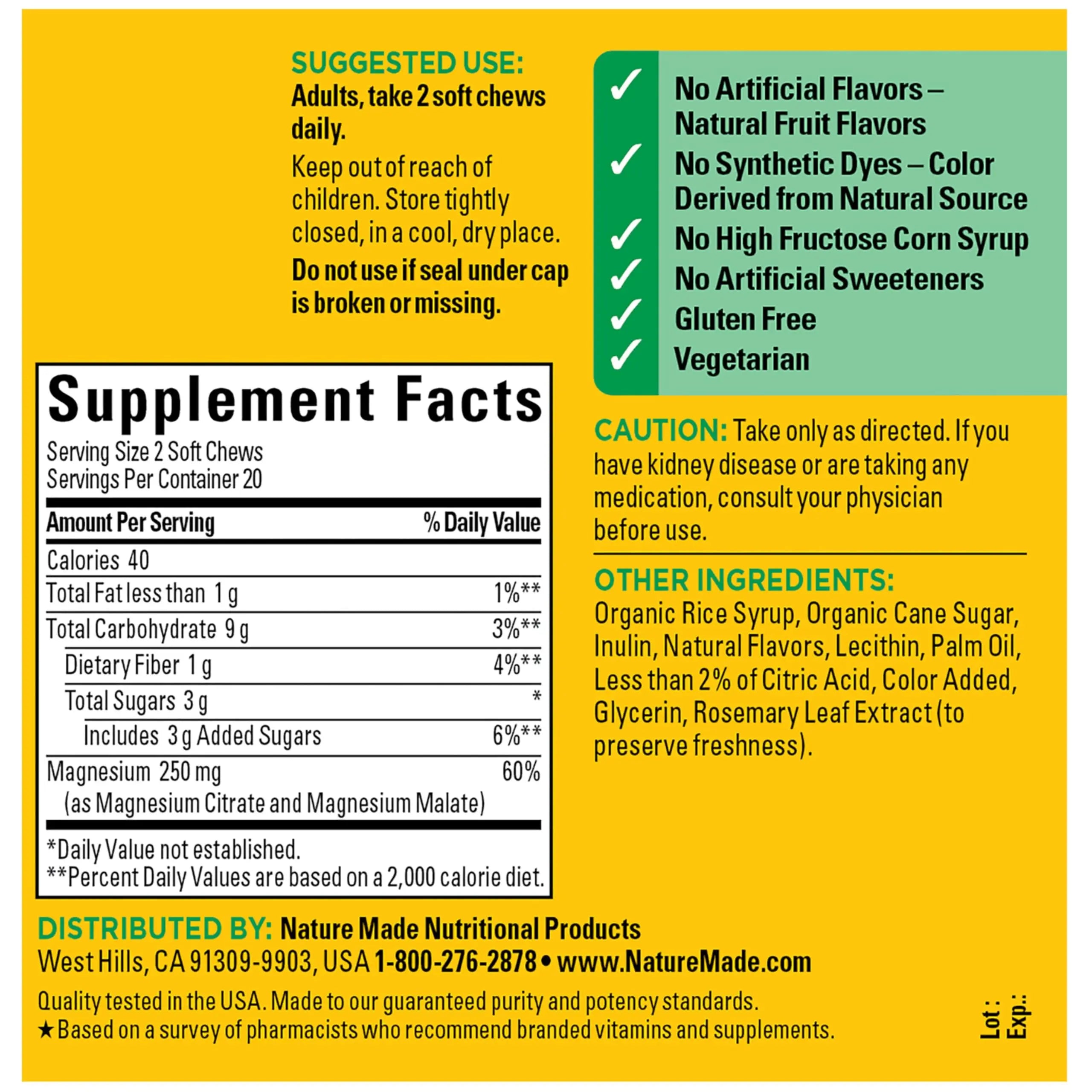 Nature Made High Absorption Magnesium Complex Soft Chews, Magnesium Supplement for Muscle, Heart, Bone Support, Magnesium Citrate & Malate Blend 250 mg per Serving, 40 Vegetarian Chews, 20 Day Supply Nature Madenz supplements