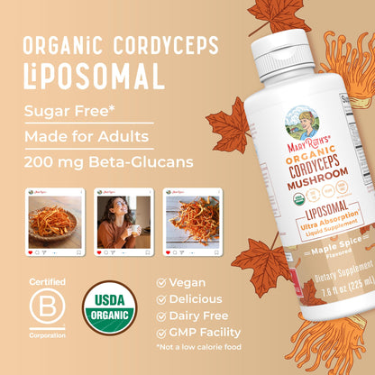 MaryRuth Organics Cordyceps Mushroom Supplement | Ultra Absorption Liposomal | Full Spectrum Mushroom | 200mg Beta-Glucans Per Serving | USDA Organic | Vegan | 7.6 oz | 15 Servings MARYRUTH'SUS supplements