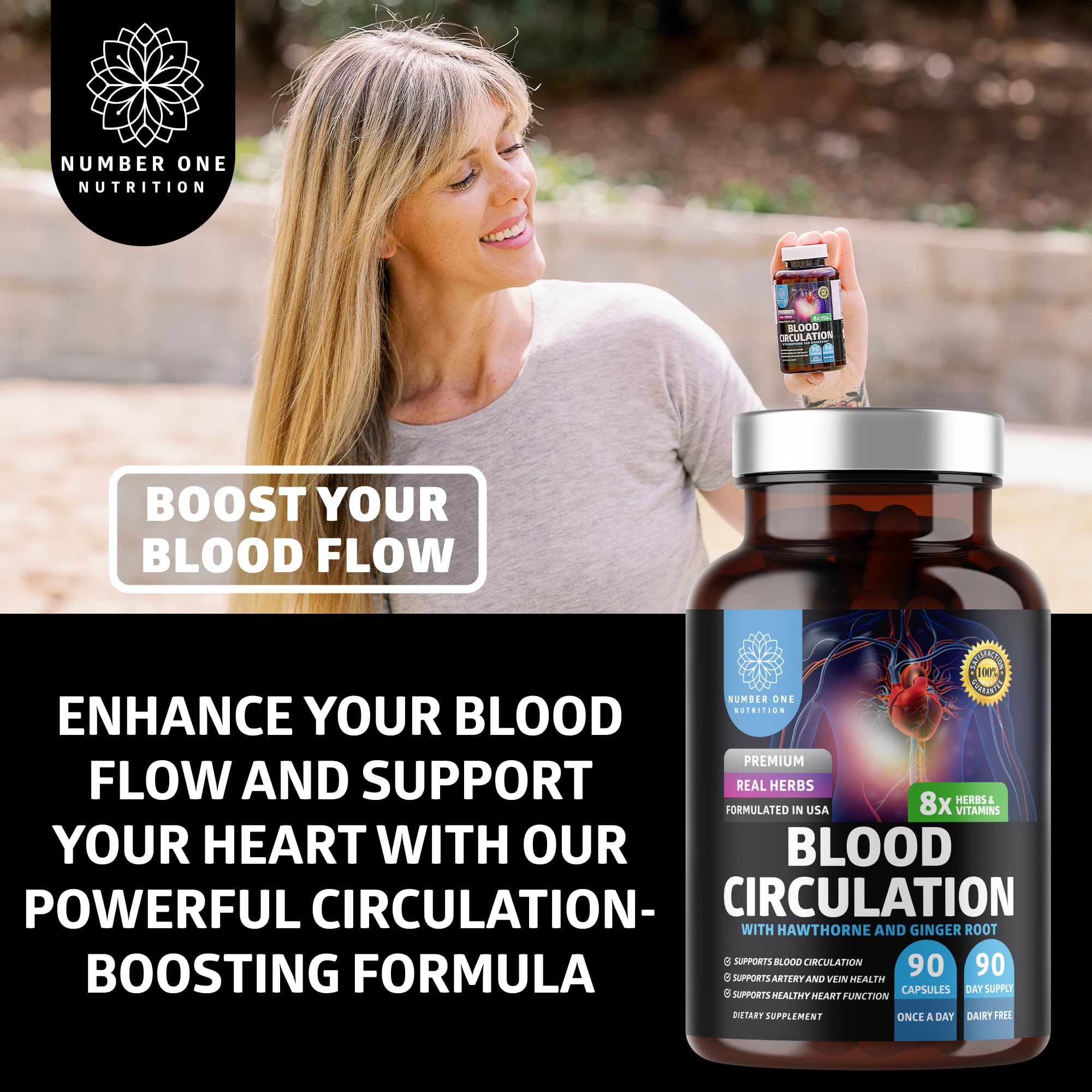 Number One Nutrition Premium Blood Circulation Supplement for Women and Men [8 Powerful Herbs & Vitamins] All Natural Blood Flow Supplement with Hawthorn, Butchers Broom and Cayenne Pepper, 90 Caps Number One NutritionAu supplements