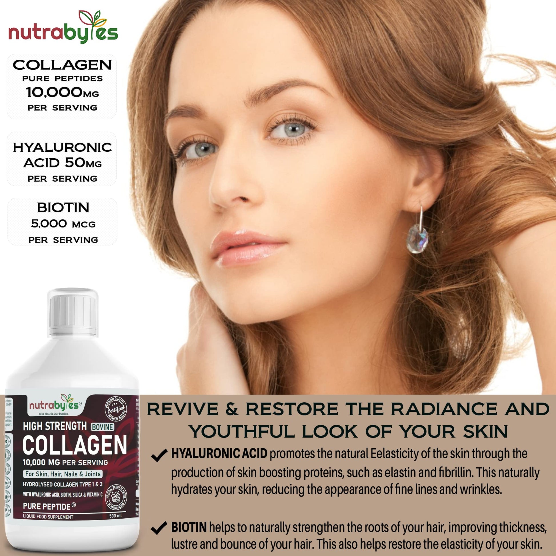 Collagen Liquid 10000mg, Hydrolysed Peptides | Hyaluronic Acid, Biotin, Silica, Vitamin C, Vitamin B12 NUTRABYTESAu supplements