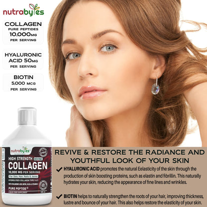 Collagen Liquid 10000mg, Hydrolysed Peptides | Hyaluronic Acid, Biotin, Silica, Vitamin C, Vitamin B12 NUTRABYTESUS supplements