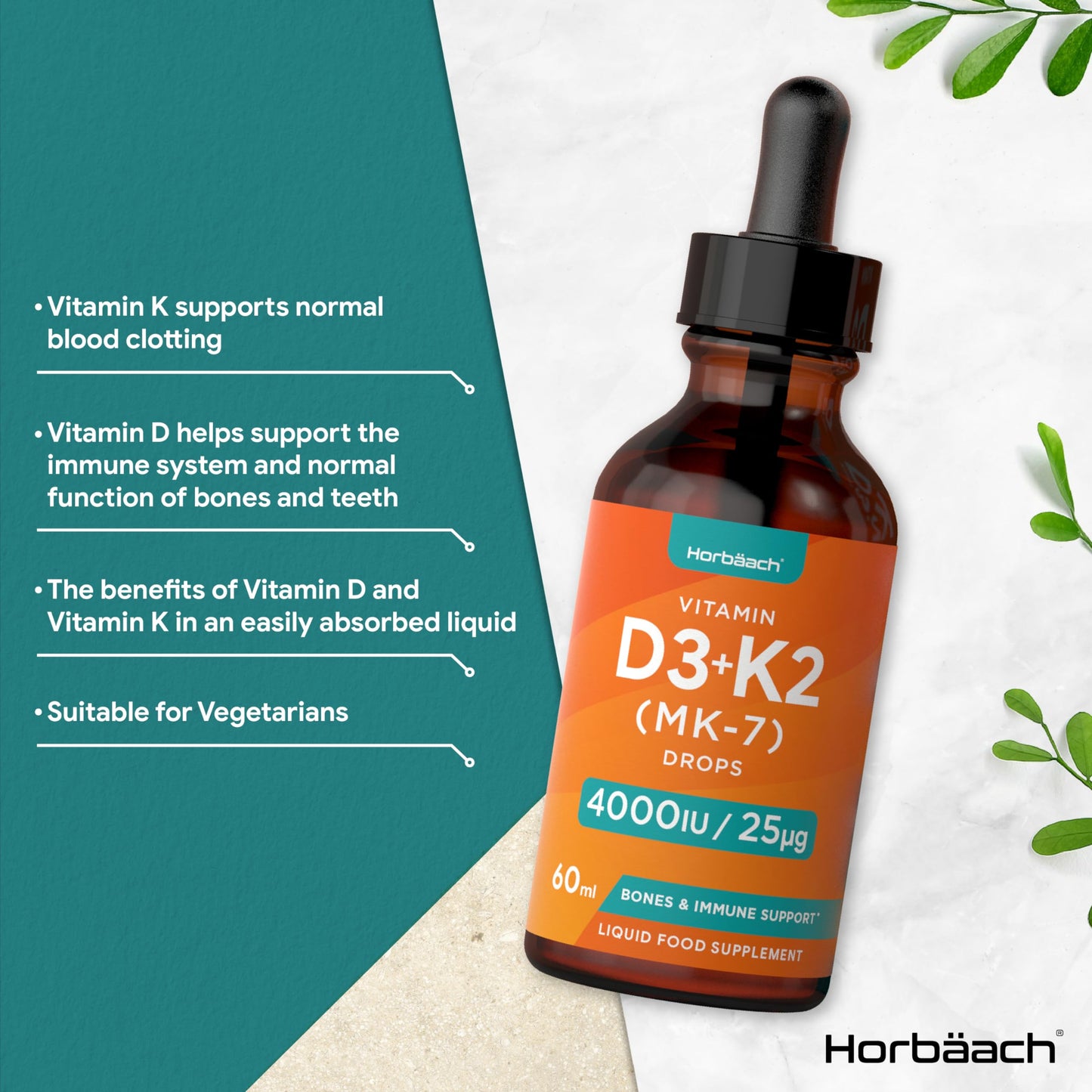 Vitamin D3 K2 Drops | 60mL | High Strength Vitamin D3 4000iu and K2 25ug | No Artificial HorbäachUS supplements