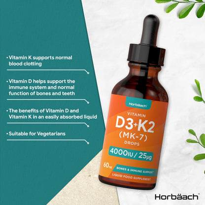 Vitamin D3 K2 Drops | 60mL | High Strength Vitamin D3 4000iu and K2 25ug | No Artificial HorbäachUS supplements