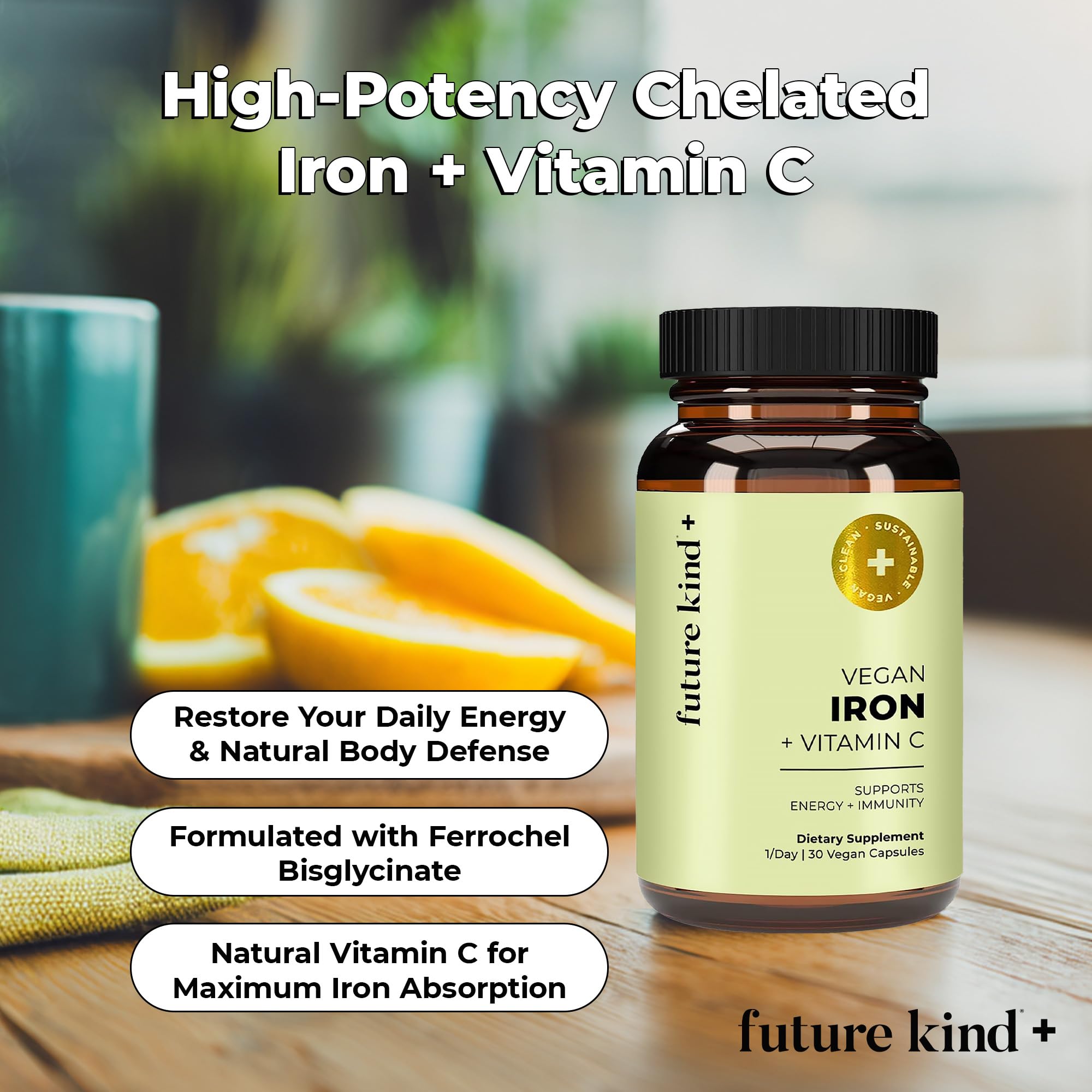 Future Kind Iron Supplement for Women and Men, Daily Energy & Focus, Chelated Iron Bisglycinate, 18mg 100% DV with Vitamin C for Absorption - Gentle on Stomach, Non-GMO Vegan Capsules, 30 Day Supply Future KindAu supplements