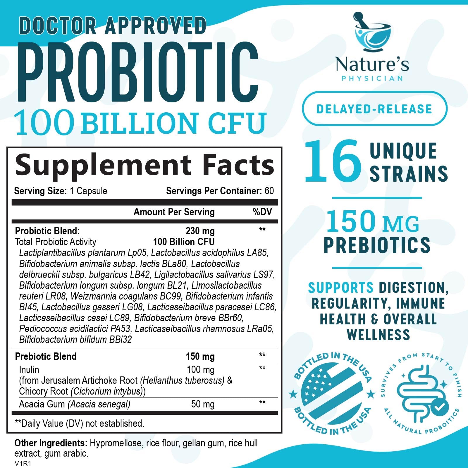 Nature's Physician Probiotics - 100 Billion CFU - 16 Strains + Prebiotics - Best Probiotic Supplement for Women & Men - Supports Immune, Digestive Health, Occasional Constipation & Gas - 60 Capsules Nature's PhysicianAu supplements