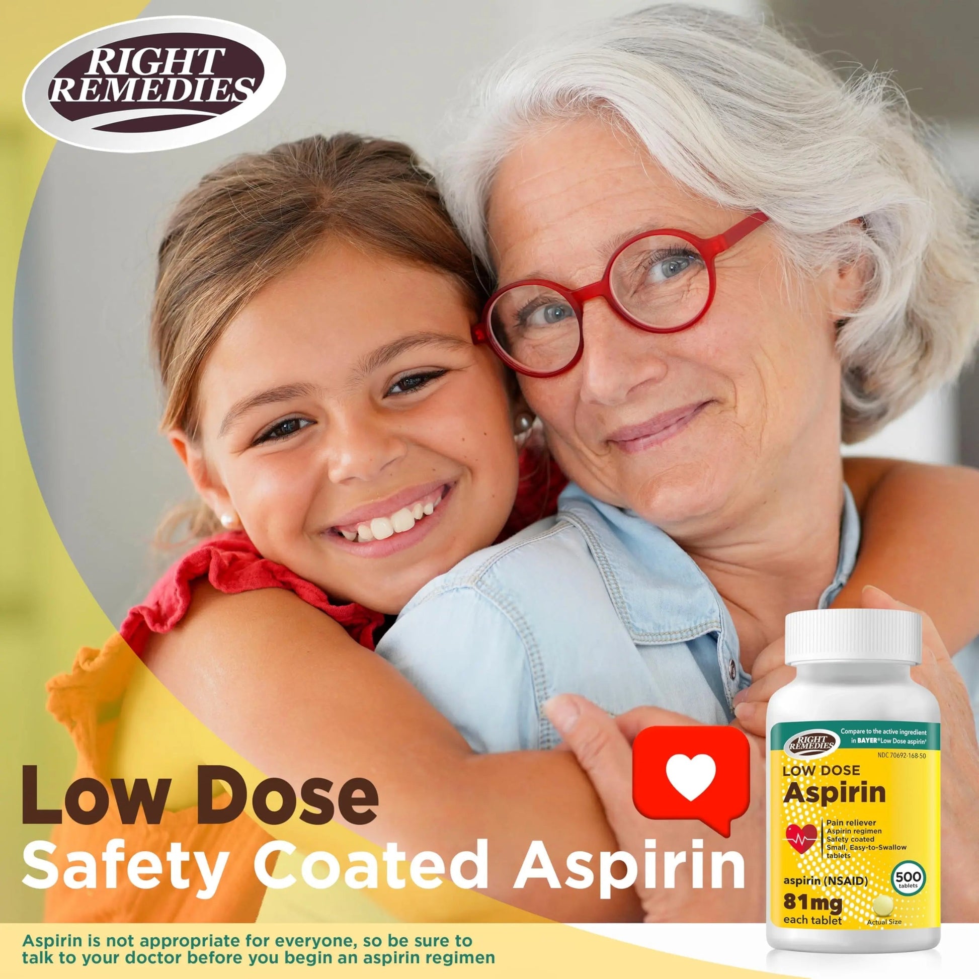 RIGHT REMEDIES Low Dose Aspirin 81mg, Enteric Coated Tablets, NSAID Pain Reliever & Fever Reducer for Adults, Compare to the Active Ingredient in Bayer® Low Dose Aspirin (500ct) RIGHT REMEDIESAu supplements