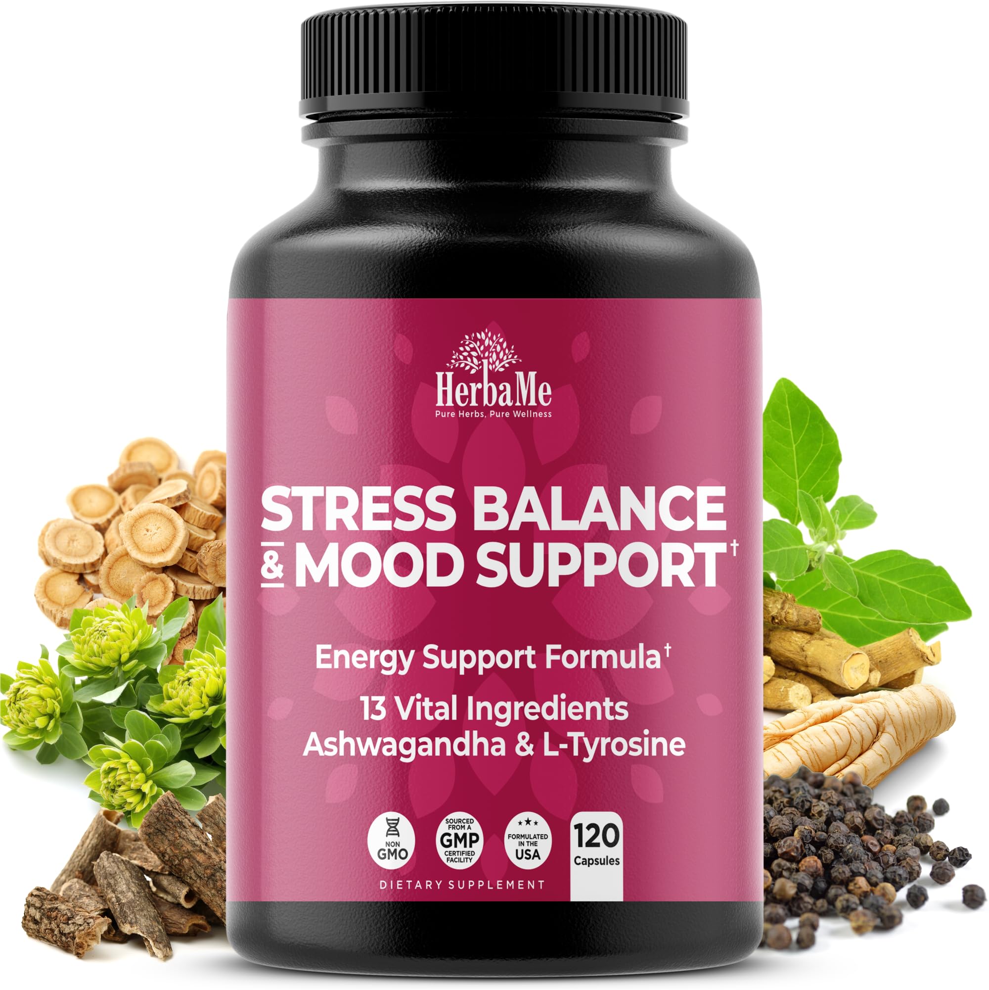 HerbaMe Cortisol Manager Supplement and Balance Mood with Ashwagandha & L-Tyrosine, 120 Capsules, Helps Maintain Healthy Energy Levels and Stress Relief, Fatigue Reducer Pills HerbaMeAu supplements