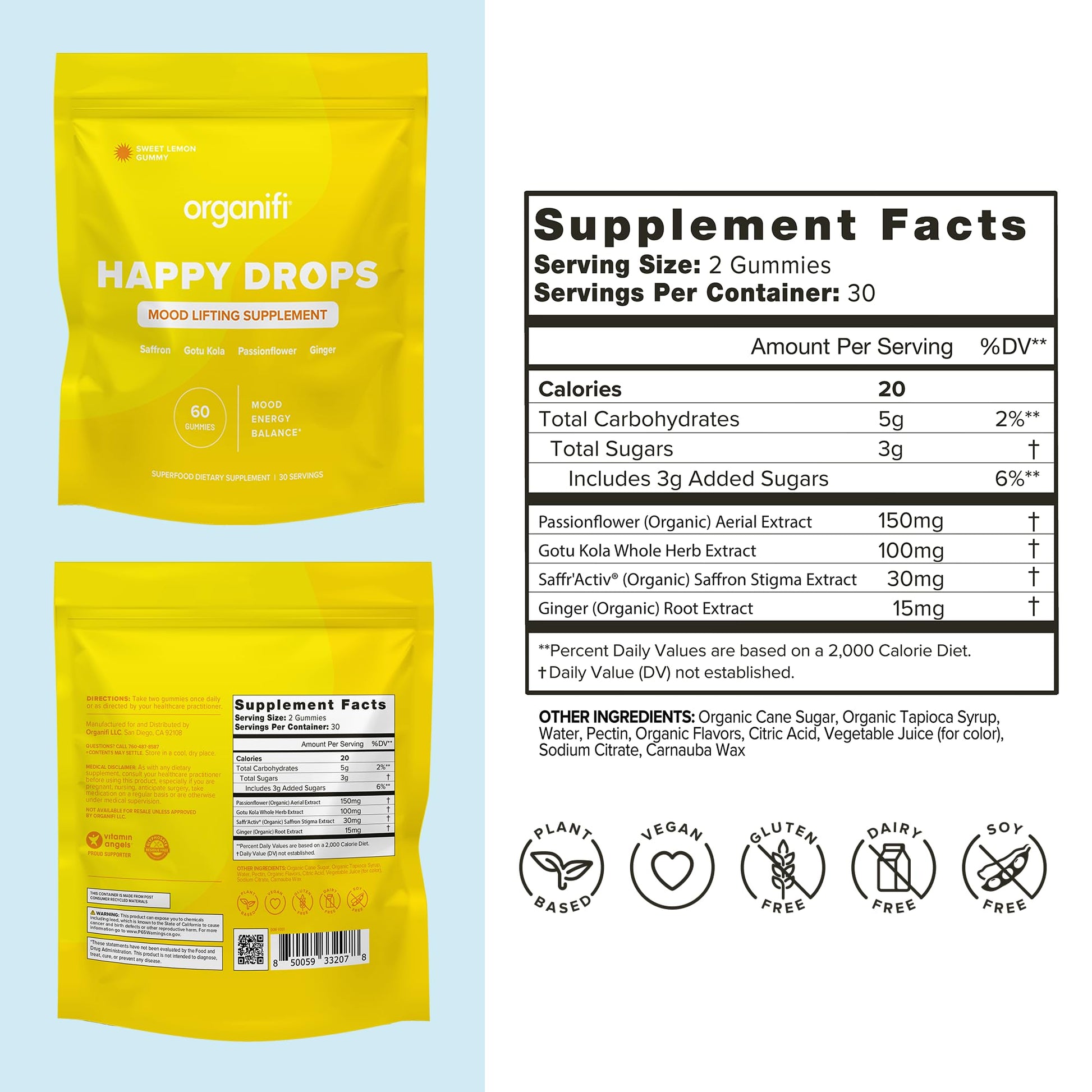 Organifi Happy Drops - Daily Superfood Happy Gummies for Adults - Mood Support Supplement for Balance, Bliss, Energy and Taking the Edge Off - Sweet Lemon Flavor - 60 Gummies OrganifiAu supplements