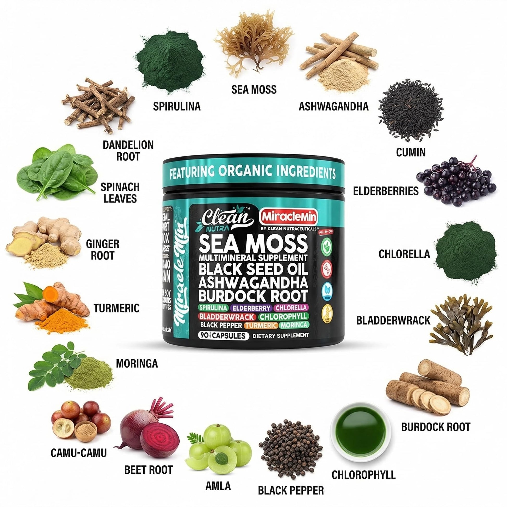Clean Nutra Organic Sea Moss Capsules with Ashwagandha, Black Seed Oil, Burdock Root, Bladderwrack, Moringa, Chlorella, Spirulina, Turmeric, Elderberry, Amla – 90 Vegan Capsules – MiracleMin Clean NutraceuticalsAu supplements