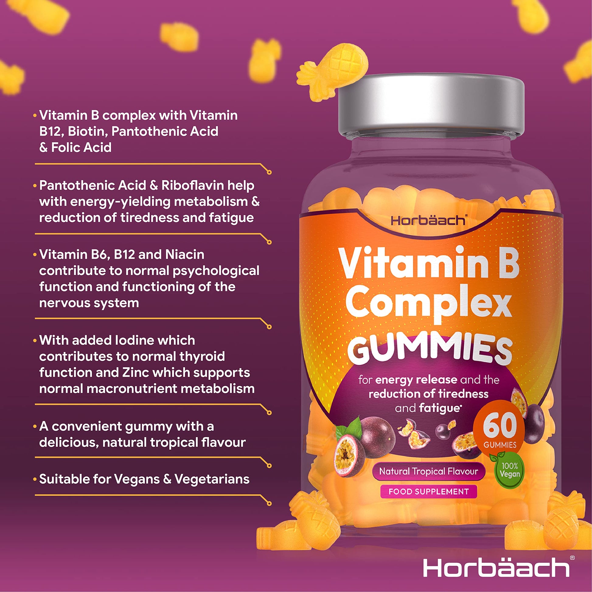 Vitamin B Complex Gummies | 60 Vegan Gummies - Tablet Alternative | High Strength B12 HorbäachUS supplements