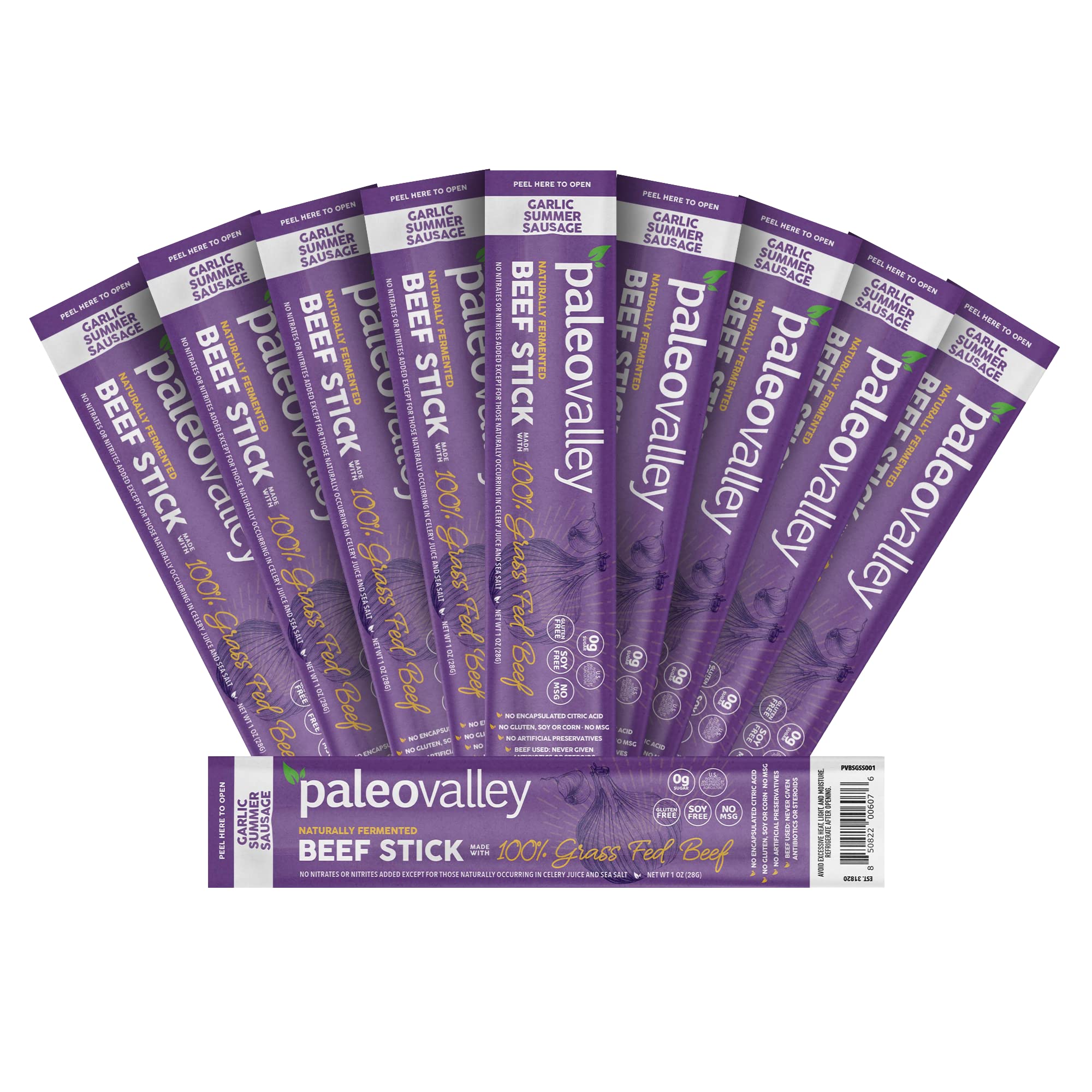 Paleovalley 100% Grass Fed Garlic Summer Sausage Beef Sticks - Delicious Gluten Free Beef Snack - High Protein Keto Friendly PaleovalleyUS supplements