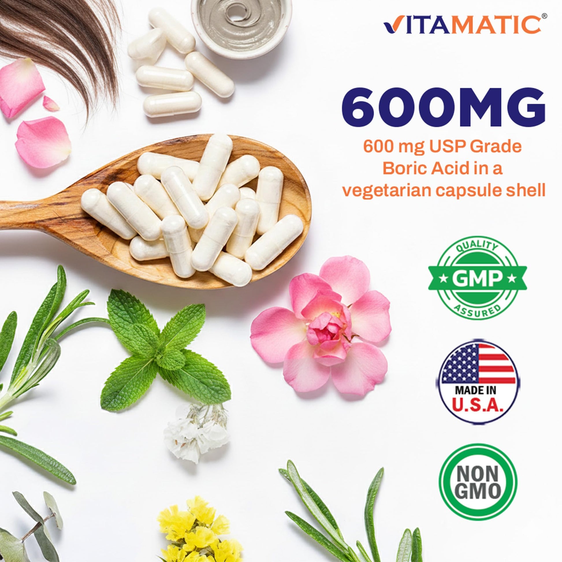 Vitamatic Boric Acid Vaginal Capsule Shell Suppositories 600 mg USP Grade Boric Acid in Vegetarian Capsule Shell - 60 Count VitamaticUS supplements