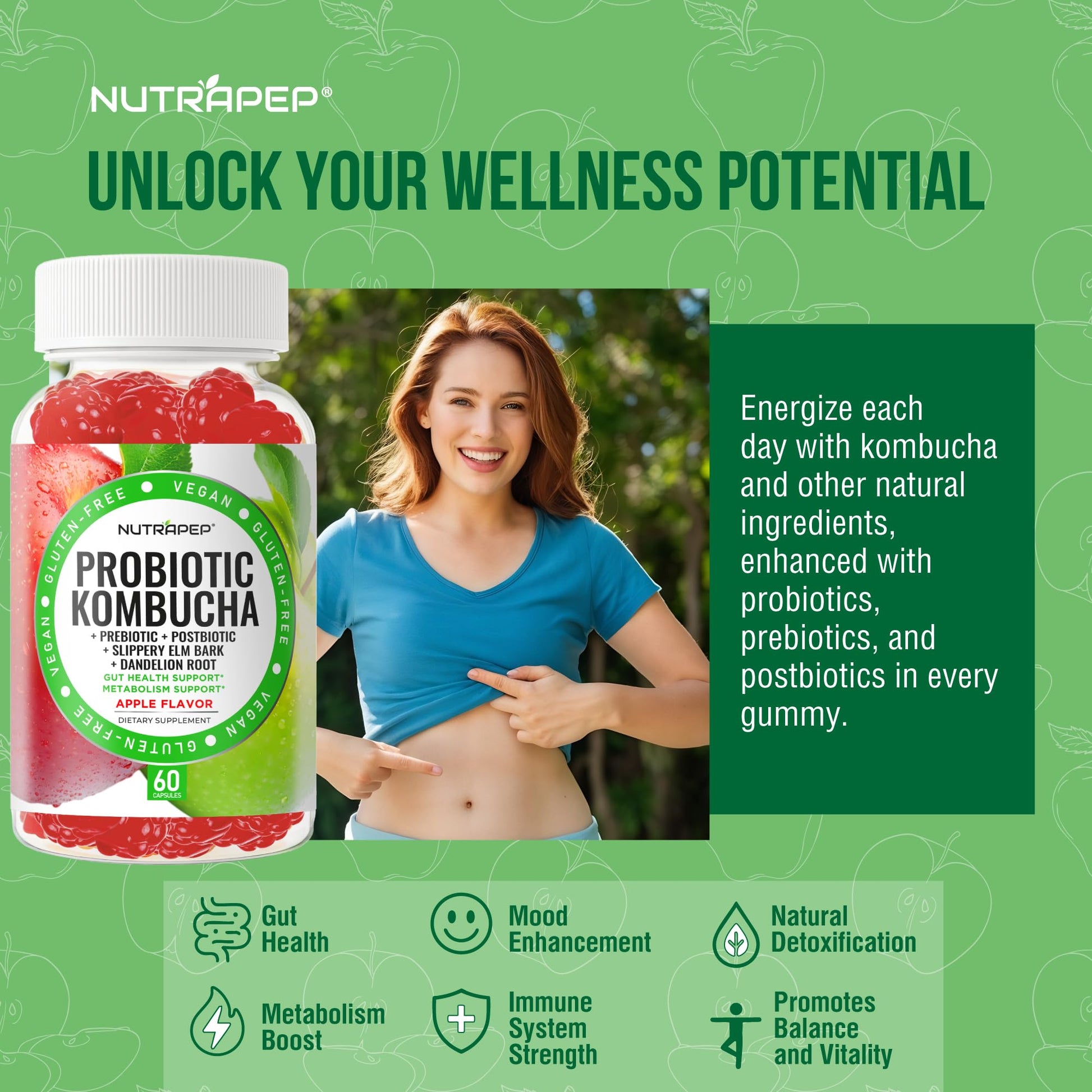 NutraPep Probiotic Kombucha Gummies - Women Men Probiotic Prebiotic Probiotic Blend for Gut Health Bloating Metabolism Support with Slippery Elm Bark Dandelion Root - Vegan Gluten Free Apple Flavor NutraPepAu supplements