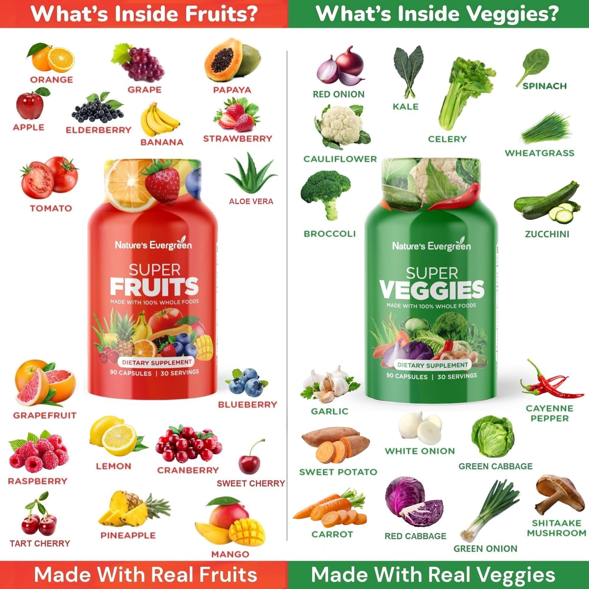 Fruits and Veggies Supplement - Nature Fruits and Vegetables Supplements - Vegan, Non GMO, Soy Free, Superfood Vitamins & Minerals Nutritional Balance - (Total 180 Capsules - Pack of 2) Made in USA Nature's EvergreenAu supplements