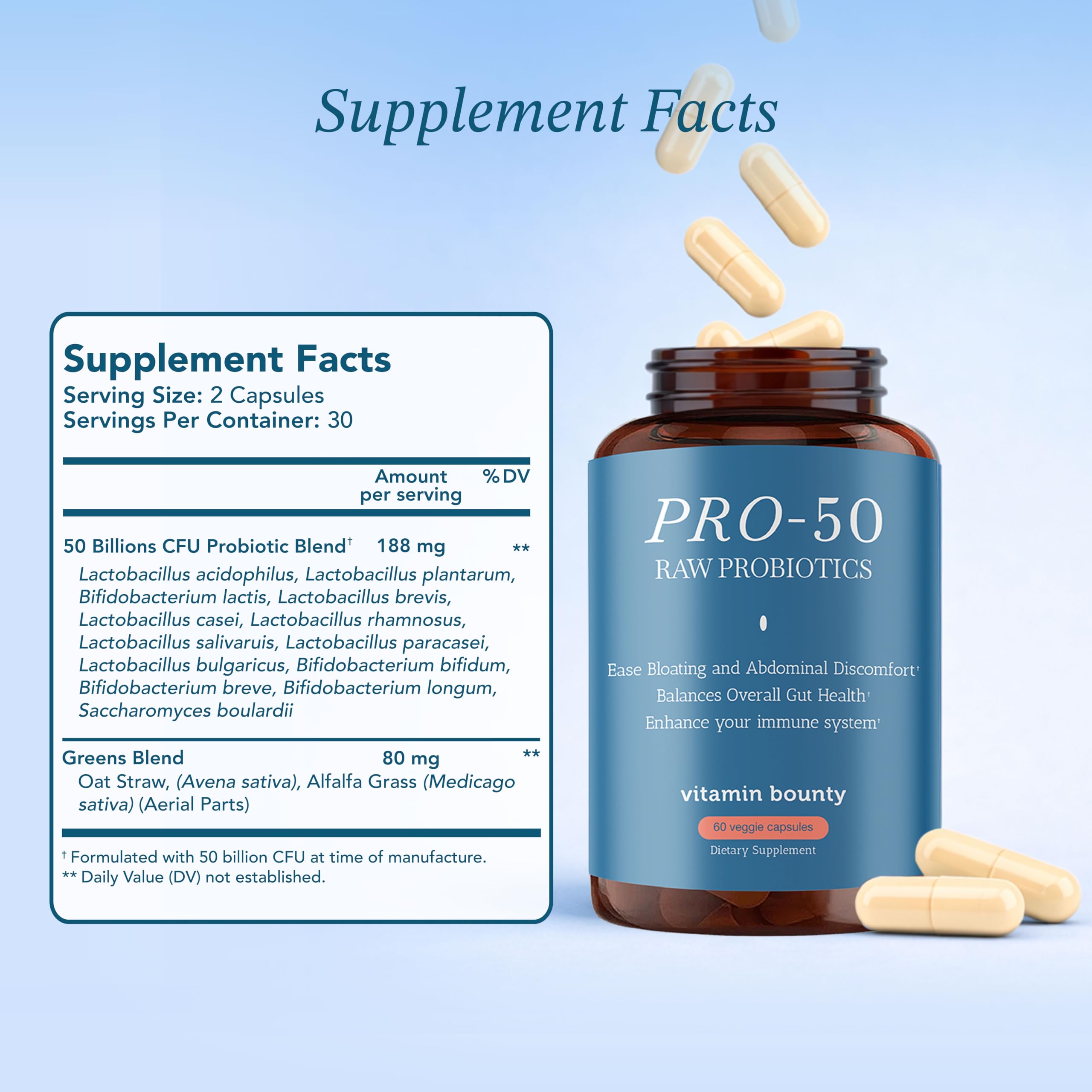 Vitamin Bounty Pro-50 Probiotics 50 Billion CFU for Women & Men - 13 Multi Strain Probiotic + Prebiotic - Digestive Health Supplements for Gut Health Support - Delayed Release Capsules for Men & Women Vitamin BountyAu supplements