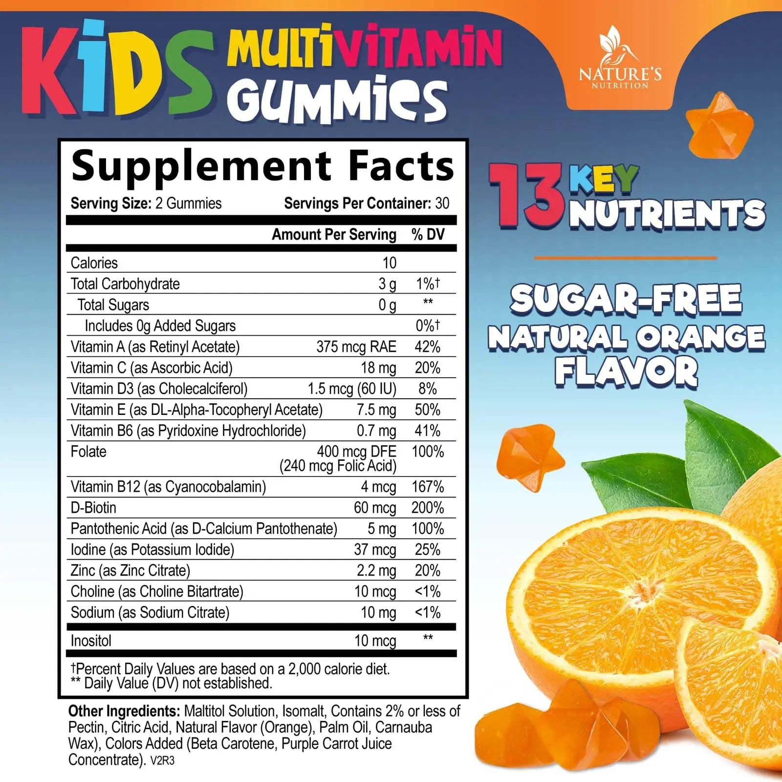 Kids Multivitamin Gummies - Improved Sugar-Free Formula - 100% Daily Folate, Kids Vitamins with Essential Vitamins A, C, D3, E, B6, B12 Nature's NutritionAu supplements