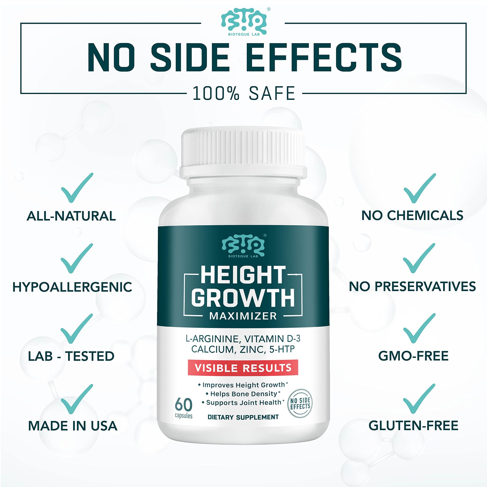 BIOTEQUELAB Height Growth Maximizer, Calcium, Vitamin D3 and Zinc Blend Pills, Bone Growth Supplement for Kids and Teens, Bone Strength, Density Support, GMO-Free, Gluten-Free, Made in USA, 60 Caps BTQ BIOTEQUE LABAu supplements