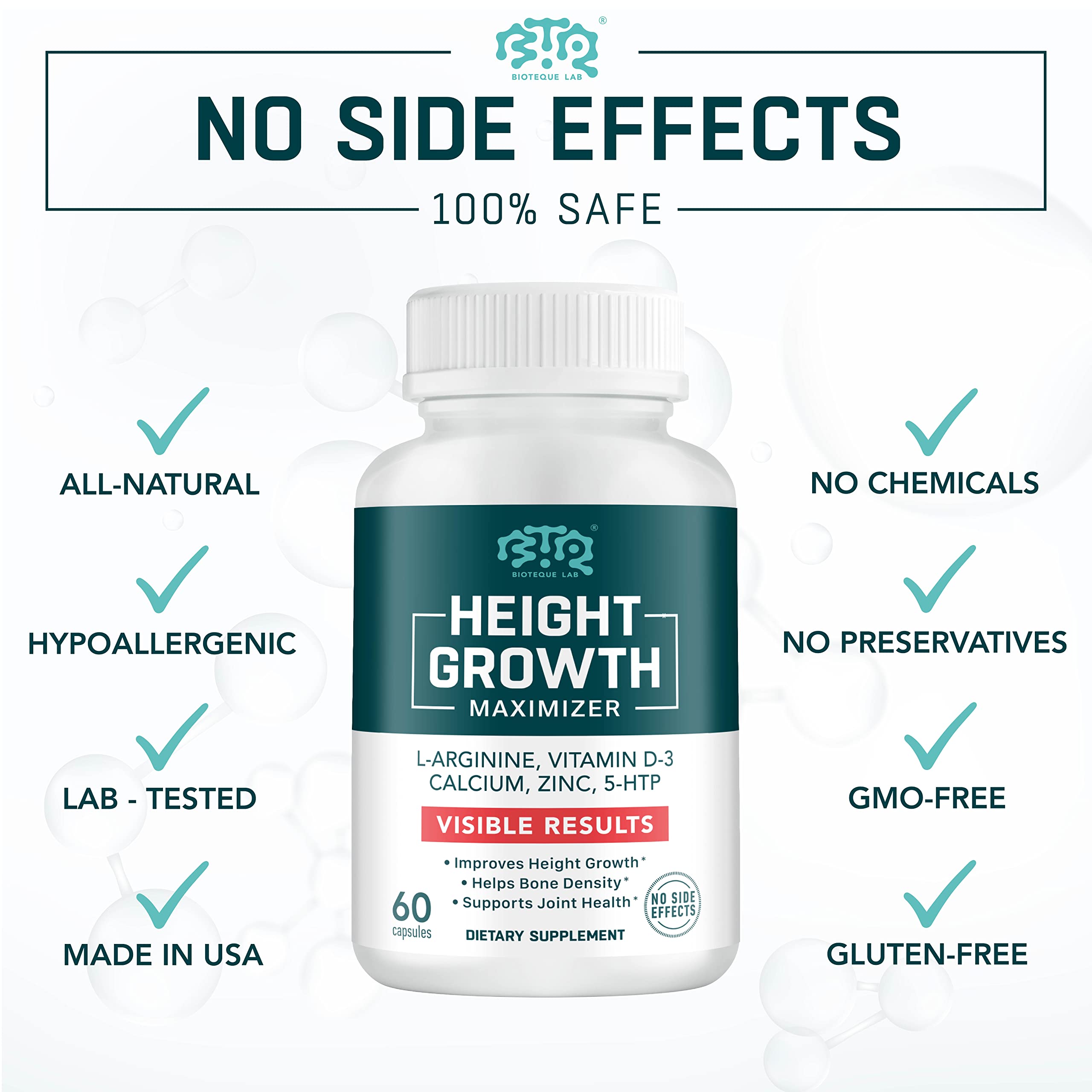 BIOTEQUELAB Height Growth Maximizer, Calcium, Vitamin D3 and Zinc Blend Pills, Bone Growth Supplement for Kids and Teens, Bone Strength, Density Support, GMO-Free, Gluten-Free, Made in USA, 60 Caps BTQ BIOTEQUE LABAu supplements