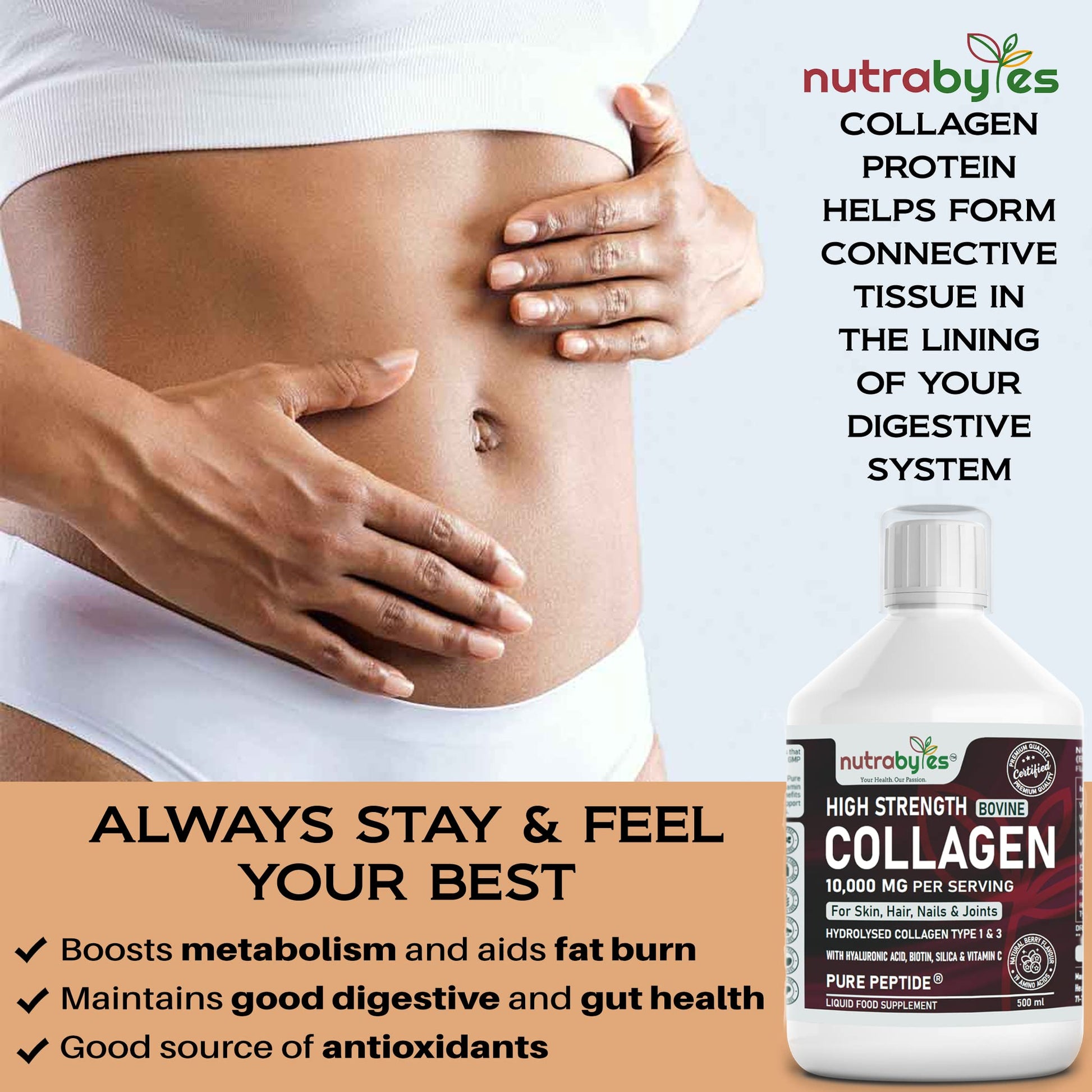 Collagen Liquid 10000mg, Hydrolysed Peptides | Hyaluronic Acid, Biotin, Silica, Vitamin C, Vitamin B12 NUTRABYTESAu supplements