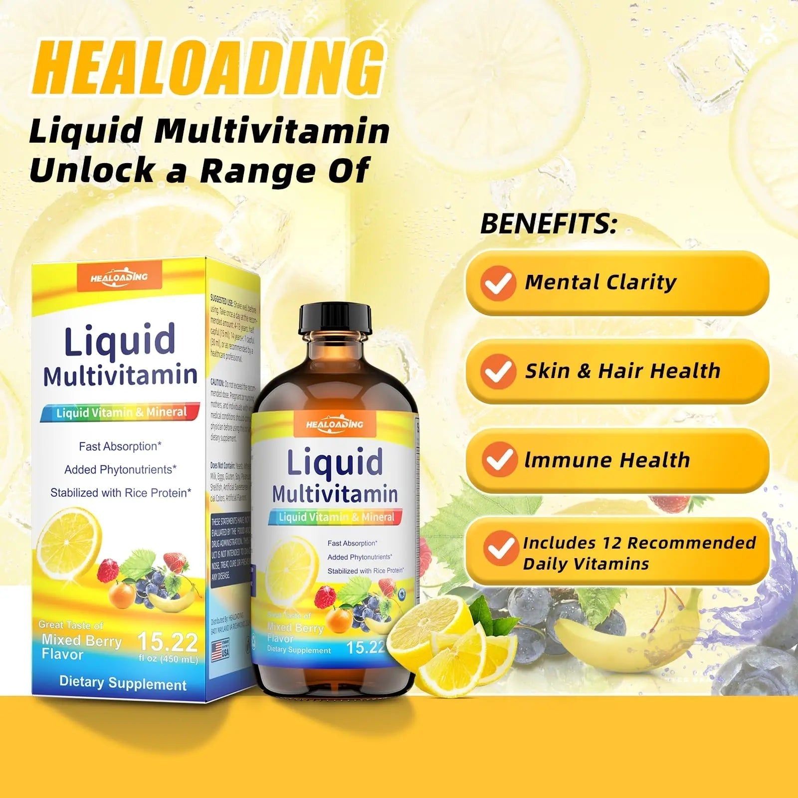HEALOADING Nutritious Liquid Multivitamin for Women：Liquid Multi Vitamin with Amino Acids Zinc Selenium Mixed Fruit Flavor HEALOADINGAu supplements