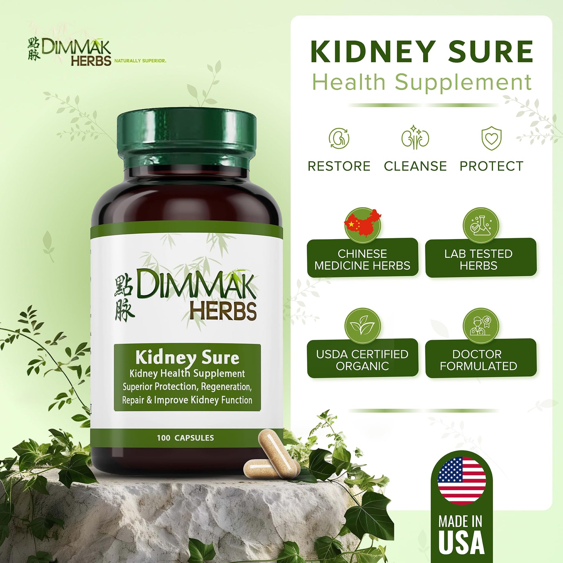 Dimmak Herbs Kidney Sure- Kidney Cleanse & Revitilization Tonic- Organic Herbal Support for Renal Health, Urinary Tract Flow & Vitality- TCM Doctor Formulated, Vegan- 400mg 100 Capsules Dimmak HerbsAu supplements