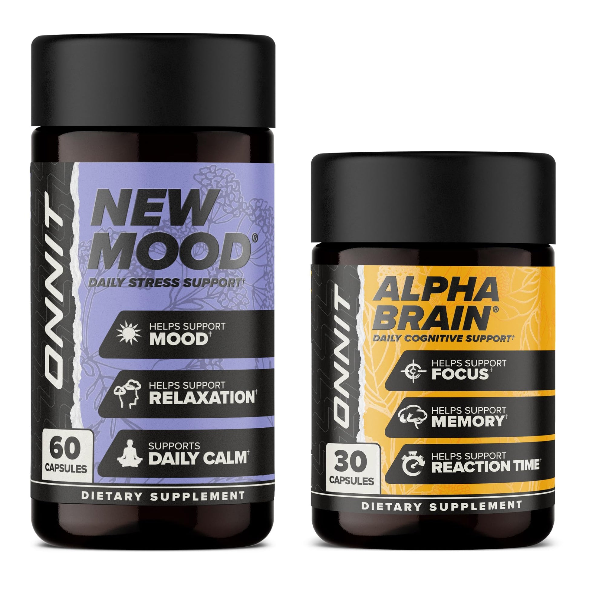 ONNIT Cognitive & Mood Support Bundle: Alpha Brain Nootropic Capsules (30 Count) + New Mood Stress Support Capsules (60 Count), IGEN Non-GMO Tested Focus, Mental Clarity, Relaxation & Sleep, 2 Pack ONNITAu supplements