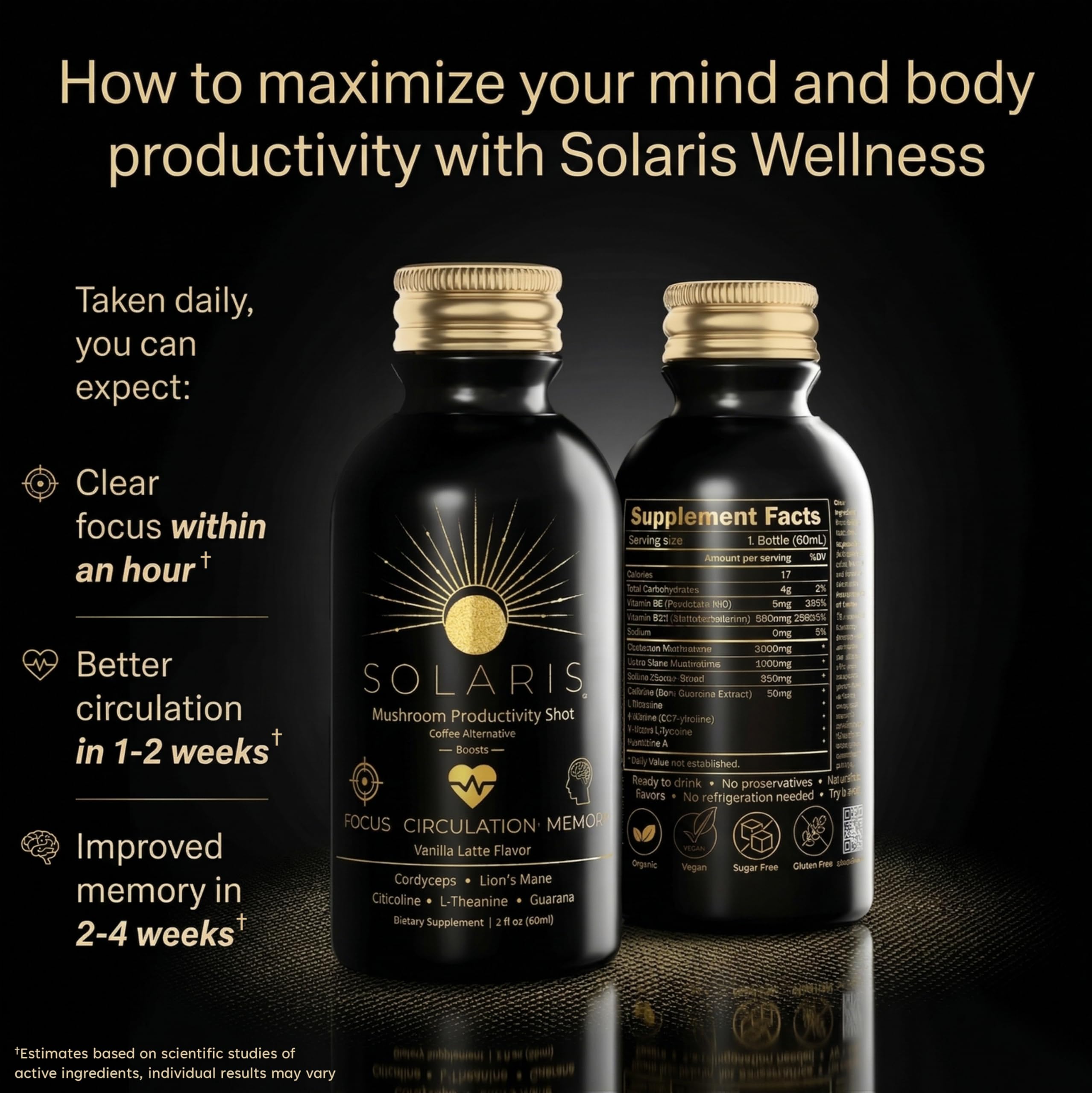 Solaris Mushroom Productivity Wellness Shots | Focus, Circulation, Memory | 4000mg of Cordyceps & Lion's Mane | Citicoline, L-Theanine, Vitamin B6/B12 | Coffee Alternative (6-Pack) Solaris ExtractsAu supplements