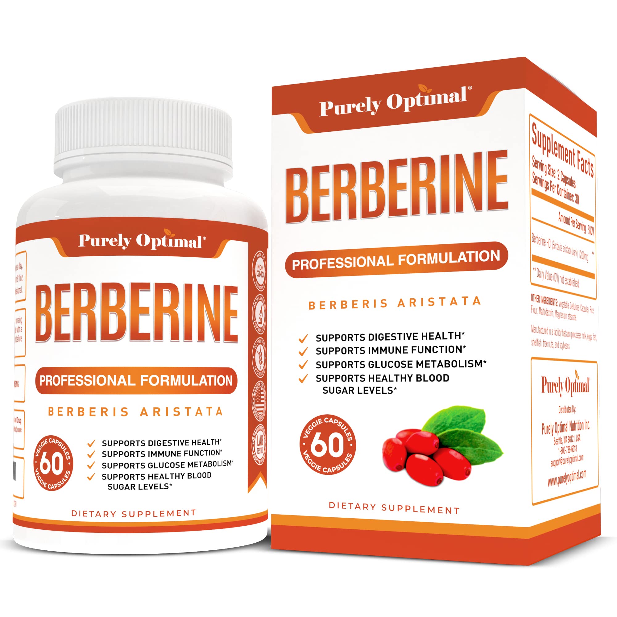 Purely Optimal Premium Berberine Supplement - 1200mg Berberine HCl, Non-GMO Purely OptimalUS supplements