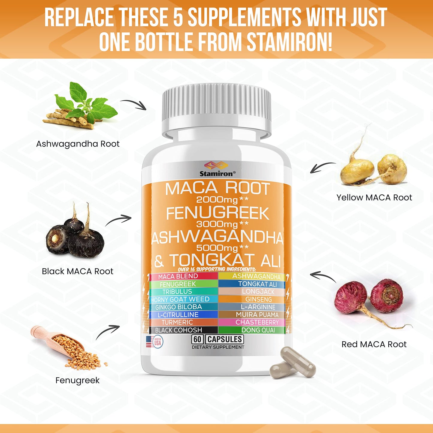 Stamiron Maca Root 2000mg Fenugreek 3000mg Ashwagandha 5000mg Supplement StamironUS supplements