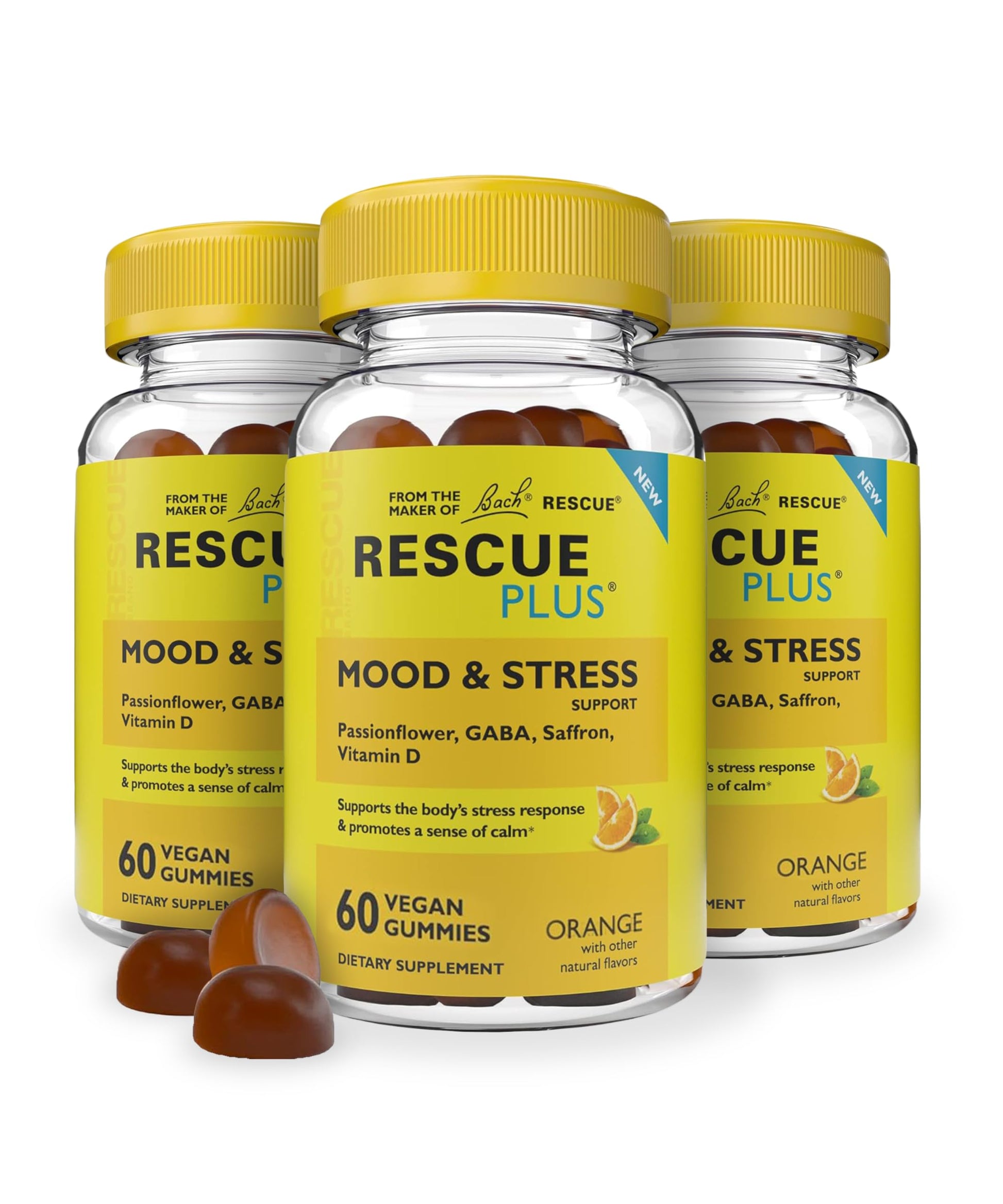 RESCUE Bach Plus Mood & Stress Support Gummies, Daytime Dietary Supplement with Passionflower, GABA, Saffron & Vitamin D, Natural Orange Flavor, Vegan & Gluten-Free, 3 Pack, 180 Count Total RESCUEAu supplements