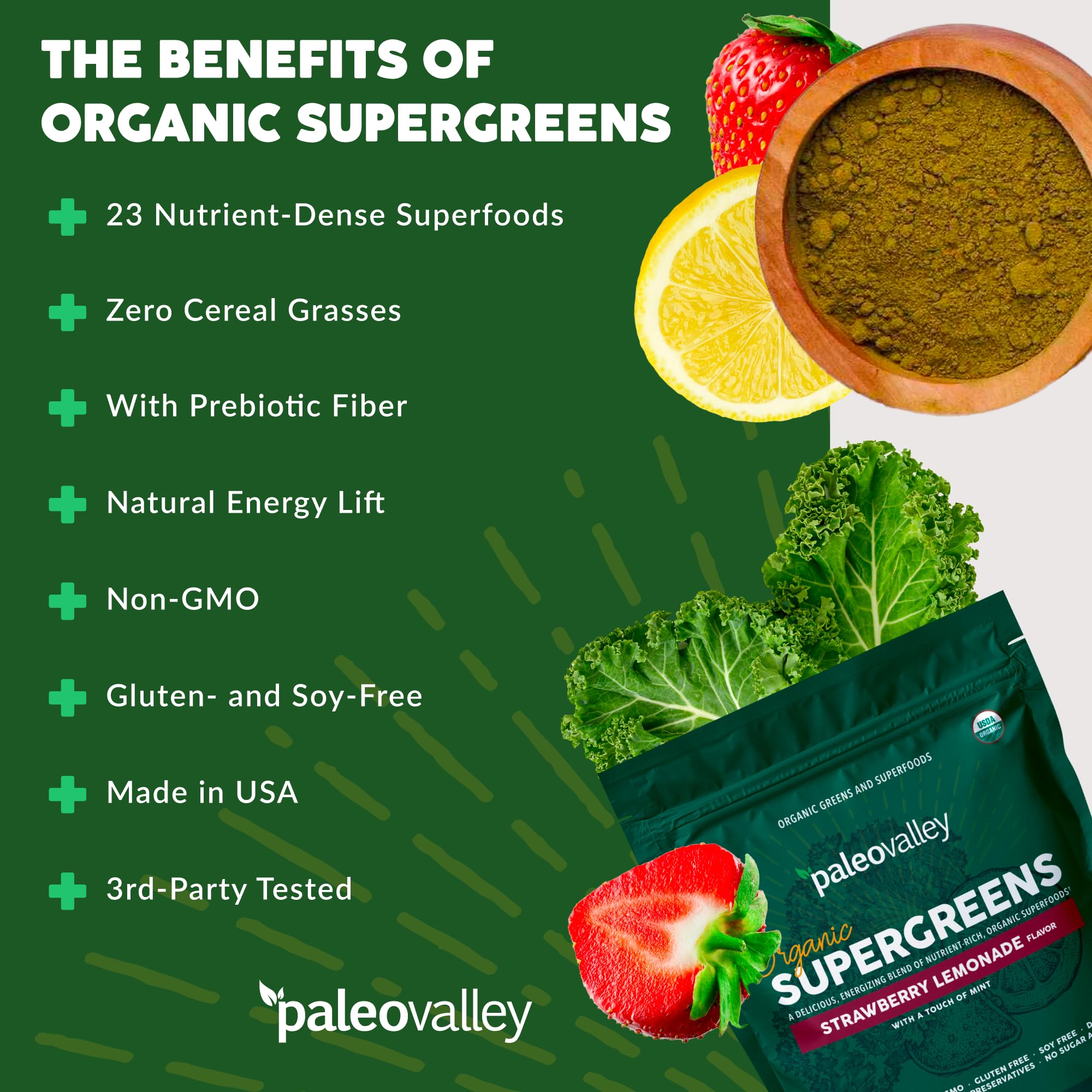 Paleovalley Organic Supergreens - Organic Greens Powder Superfood for Immune Support - Paleo Green Powder Blend - 28 Servings - 23 Superfoods - Gluten Free, No Cereal Grasses, Soy or Grain PaleovalleyUS supplements