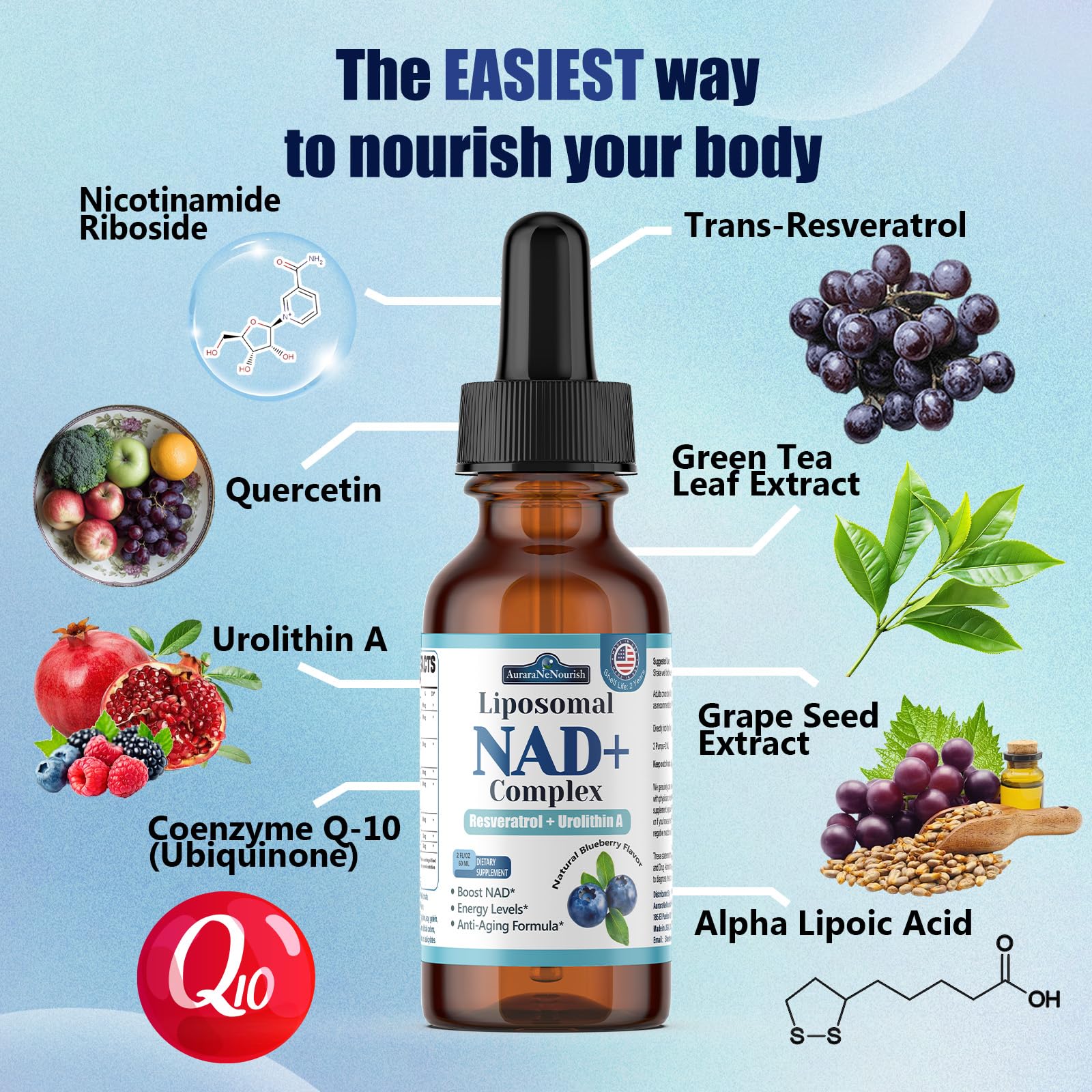 Liposomal NAD+ Liquid Drops, 8-in-1 NAD⁺ Nicotinamide Riboside Resveratrol 900mg w. Quercetin & Urolithin A | Fast Absorption NAD+ Supplement with CoQ10, ALA | Cellular Energy, Anti-Aging, Vitality AuraraNeNourishAu supplements