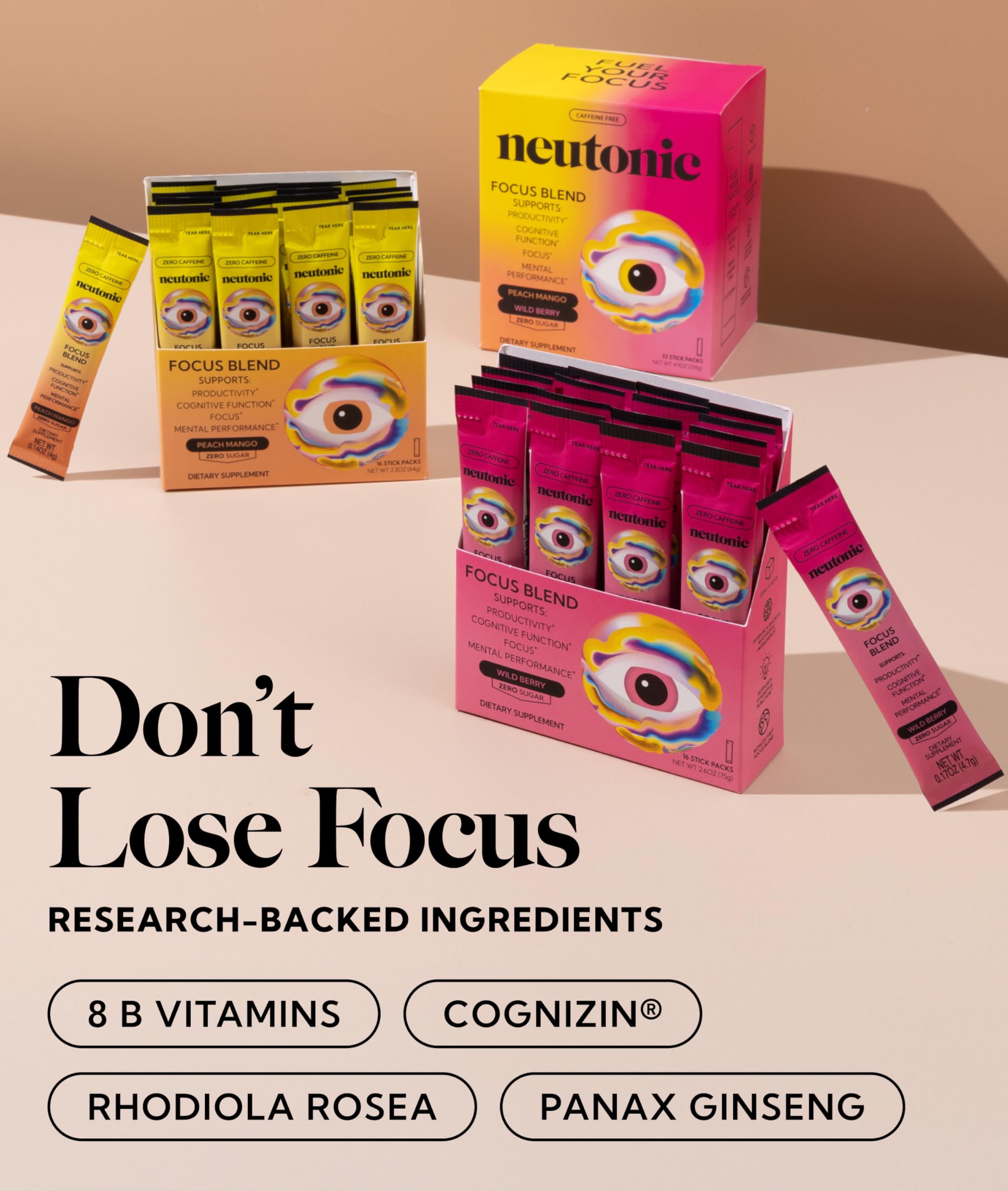 Neutonic Nootropic Focus Blend Powder | Peach Mango & Wild Berry 32 Sticks | Caffeine Free, Zero Sugar | Support Memory, Mental Clarity, Cognitive Function | Boost Focus, Energy, Brain Health NeutonicAu supplements