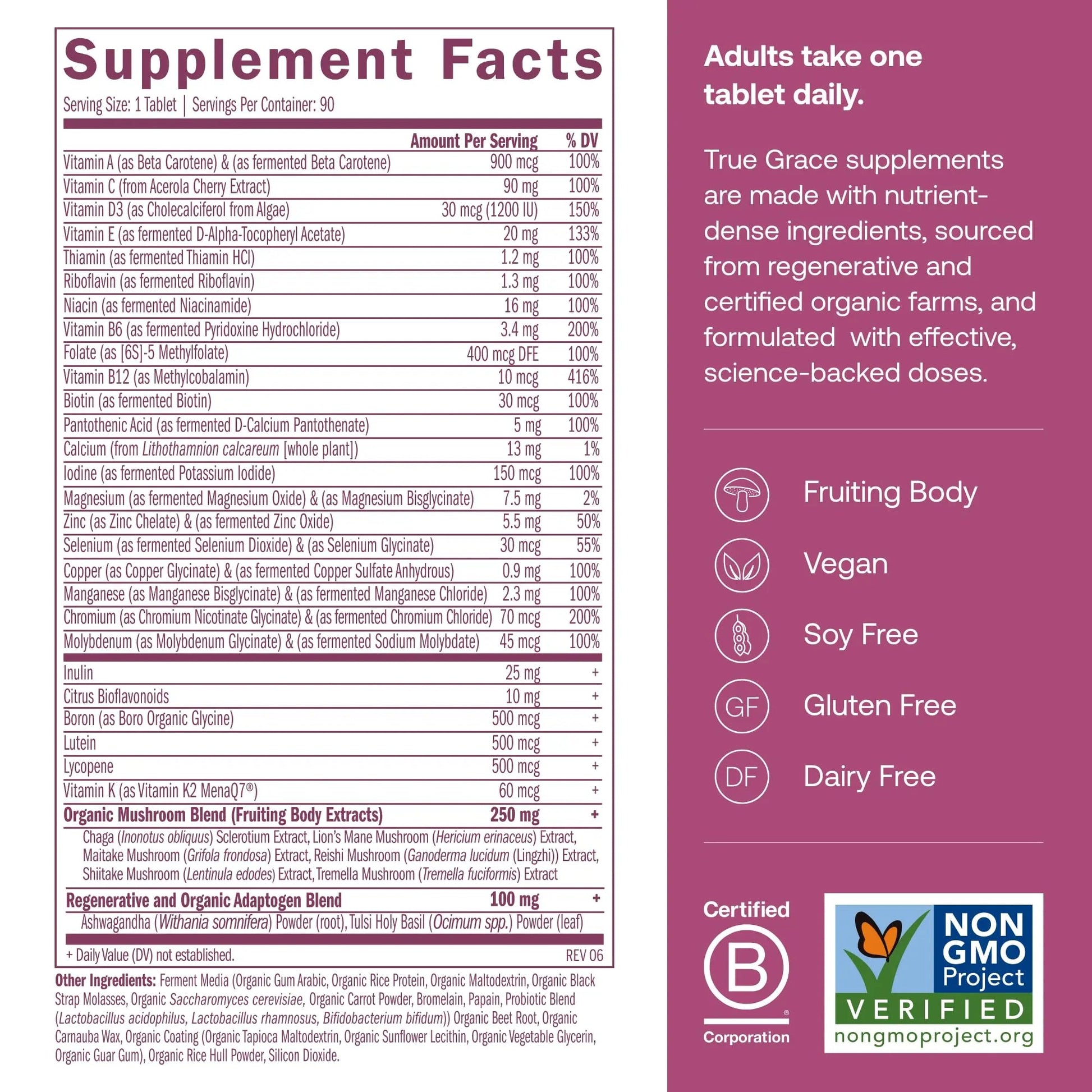 True Grace One Daily Women’s Multivitamin 40+ Fermented Minerals, Organic Adaptogens & Mushrooms Energy, Immune, Bone Support True GraceAu supplements