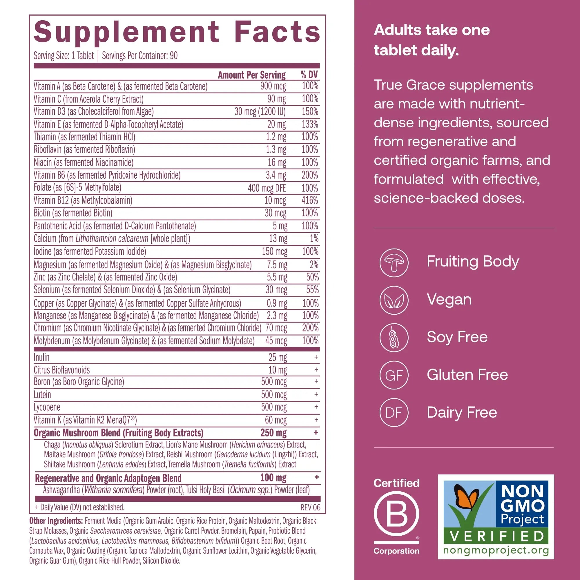 True Grace One Daily Women’s Multivitamin 40+ Fermented Minerals, Organic Adaptogens & Mushrooms Energy, Immune, Bone Support True GraceAu supplements