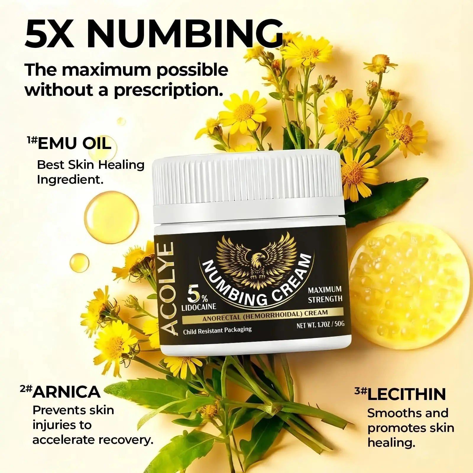 Acolye Numbing Cream Extra Strength: 5% Lidocaine Local Anesthetic- Long Lasting Extra Relief with Menthol Arnica and Emu Oil - Hemorrhoid Cream AcolyeAu supplements