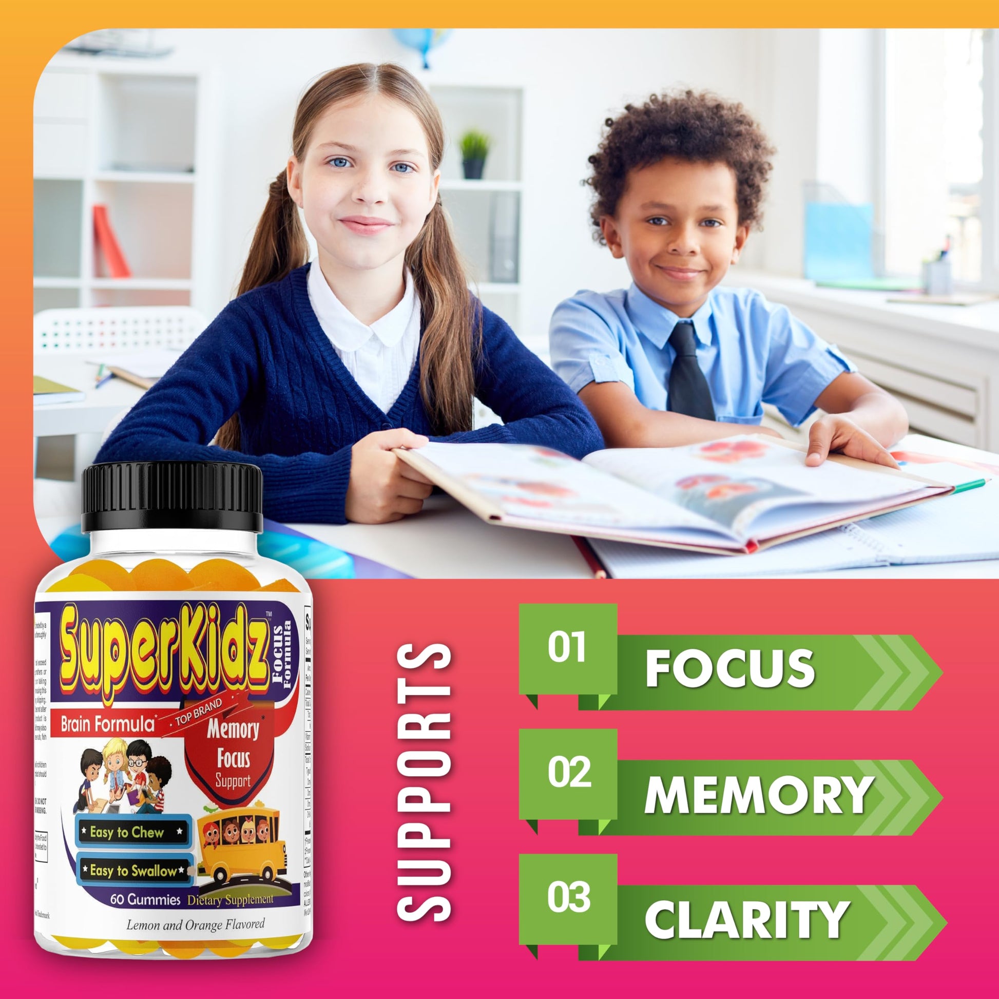 Superkids Focus Gummies for Kids, Omega 3 Gummy Kids Focus and Attention Supplements, Teen Brain Focus Vitamins, Non-GMO Gummy Vitamins, Tasty Lemon & Orange, 60 Count Celebrity LifeStyle ProductAu supplements