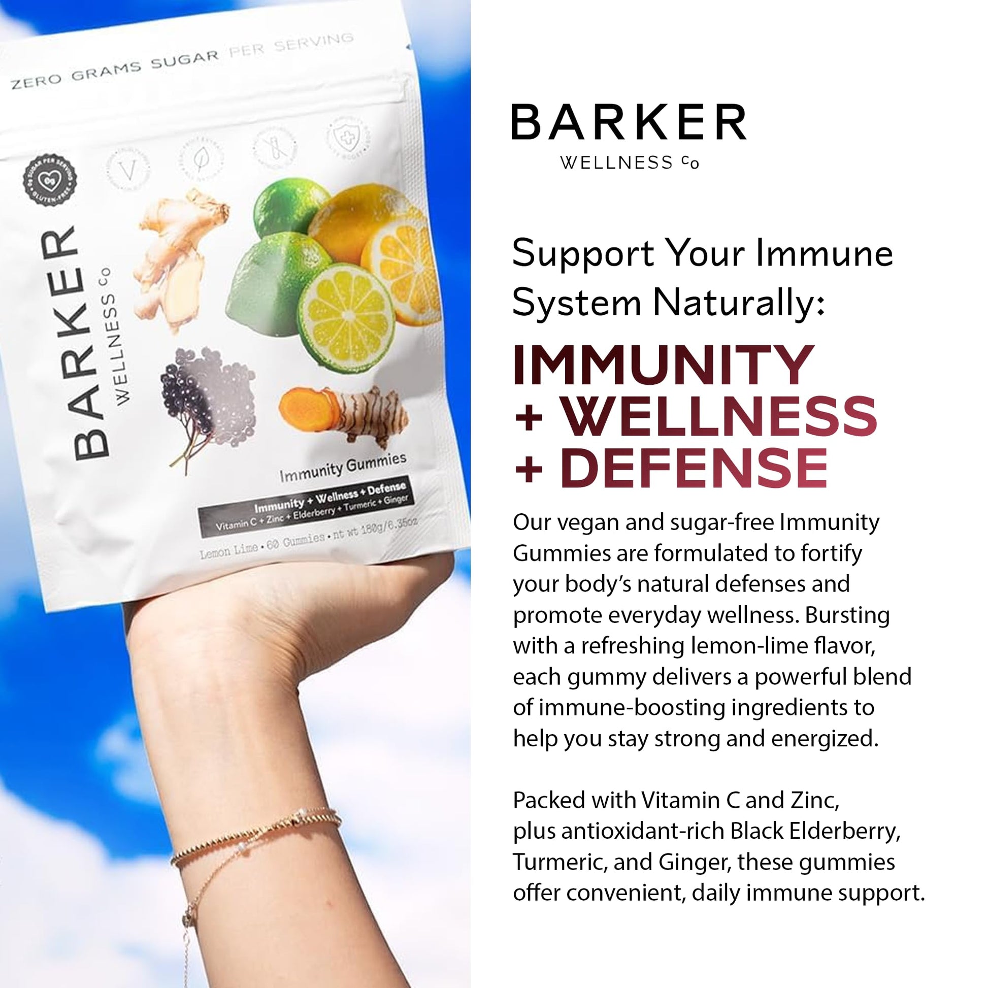 Barker Wellness Immunity Gummies with Vitamin C, Zinc, Elderberry, Turmeric & Ginger for Daily Immune Support | Vegan, Sugar-Free, Lemon-Lime Flavor | Seasonal Wellness Essentials, 60 Count Barker Wellness CoAu supplements