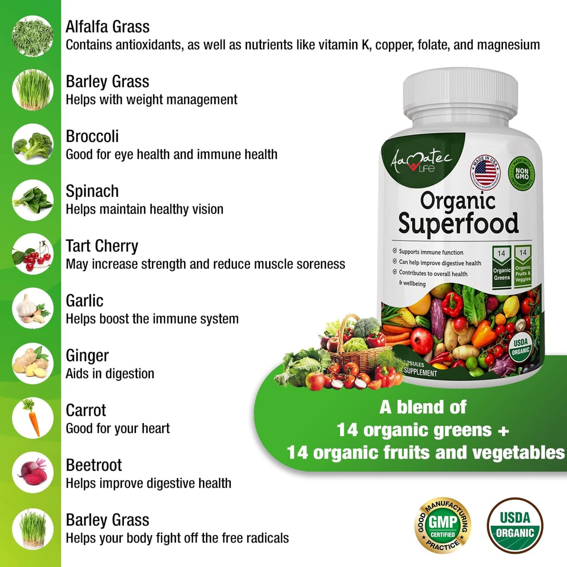AAMATEC LIFE Organic Superfood Greens Fruits and Veggies Complex - Dietary Supplement with 14 Greens &14 Vegetables with Alfalfa Rich in Antioxidants Organic Ingredients Non-GMO (120 Count Pack of 2) AAMATEC LIFEAu supplements