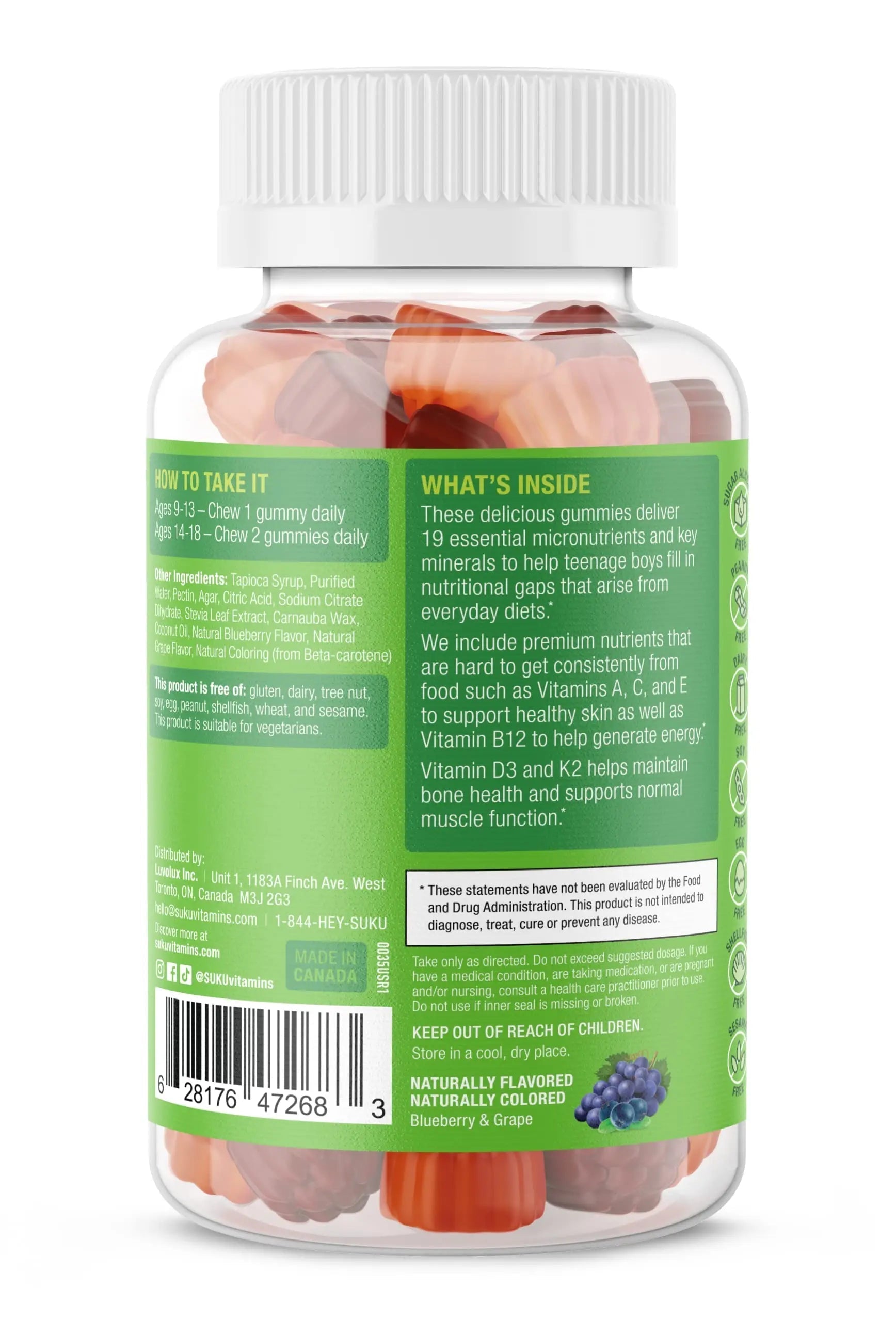 SUKU Teen Boy Multivitamin Gummies – Vitamins A, B12, C, D3, E, Zinc & Biotin – Sugar-Free Vegetarian Supplement SUKUAu supplements