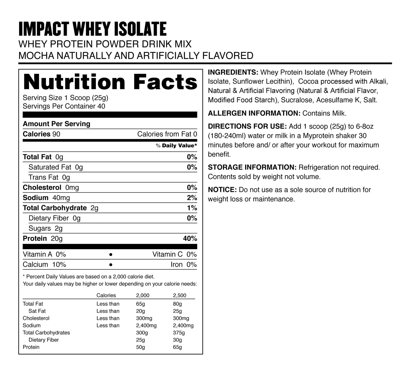 Myprotein Impact Whey Isolate - Mocha, 2.2 Lbs (40 Servings) MyproteinUS supplements